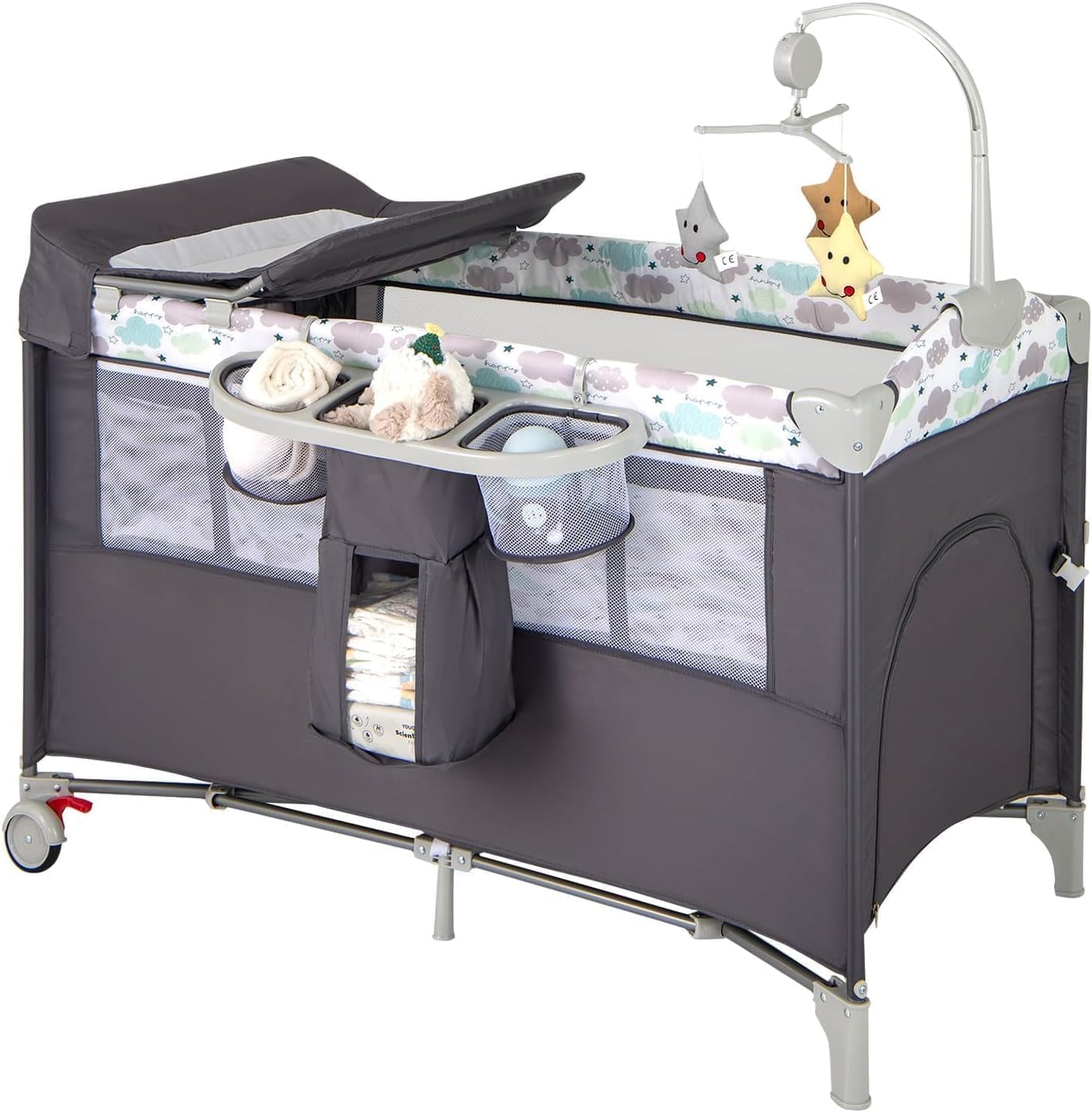 RELAX4LIFE 5 en 1 Cuna Infantil Bebe con 2 Ruedas Bloqueables, Cambiador, Correa Fijación, Caja de Música y 3 Juguetes Colgantes, Cuna con Colchón y Bolsa de Transporte para Bebés 0-36 Meses (Gris)