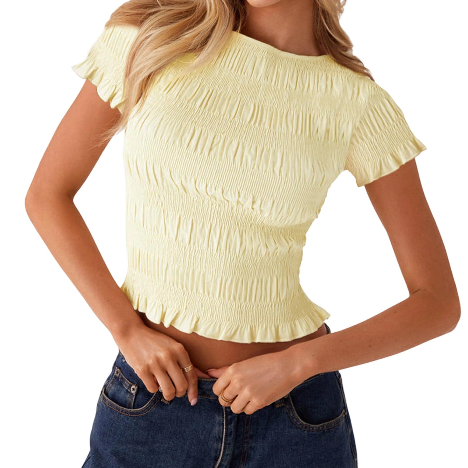 Womens Summer Short Sleeve Shirred Crop Top Crew Neck Slim Fit Ruffle Smocked Y2k Shirt Trendy Going Out Tops