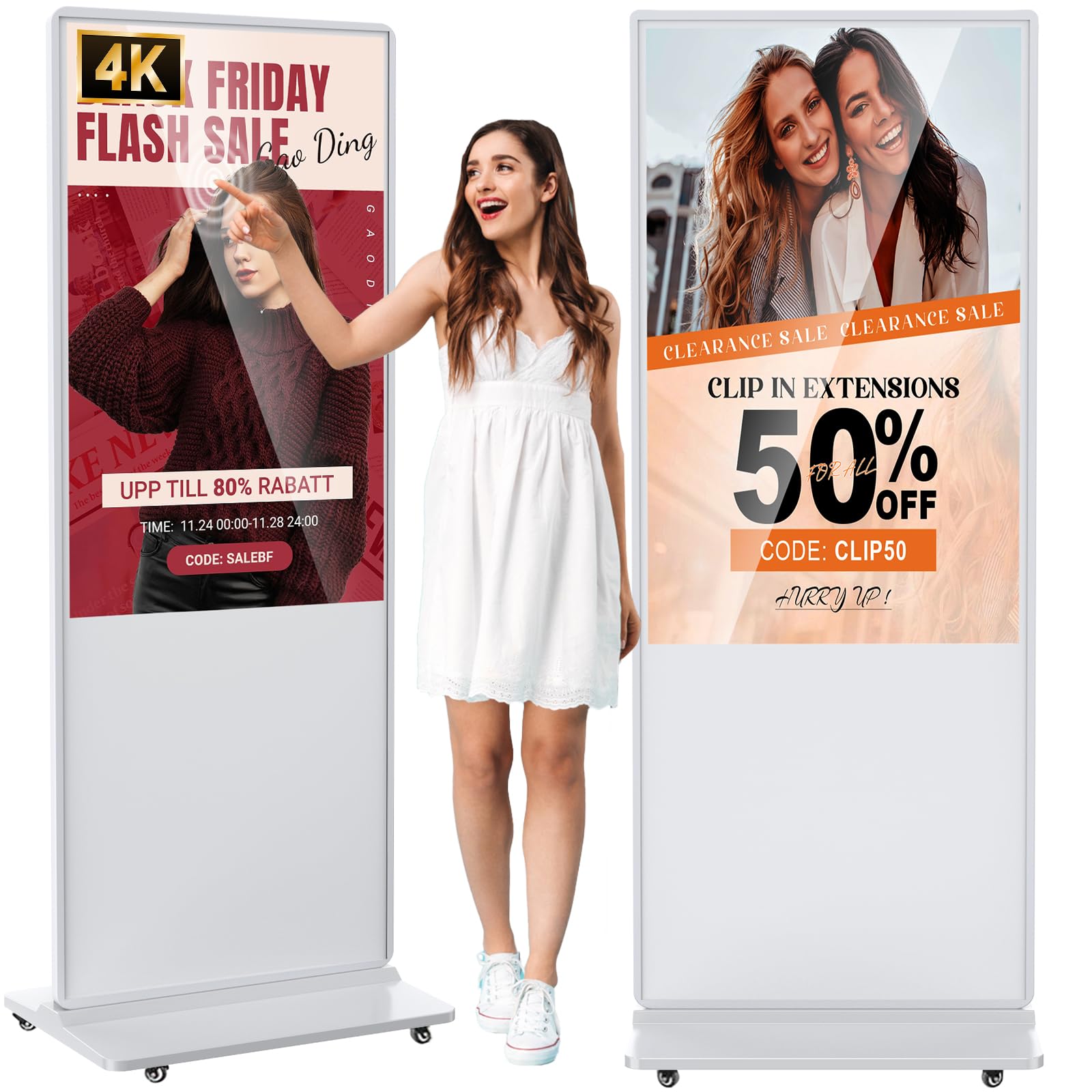 55 inch Indoor Digital Signage 4K Touchscreen IPS Floor Standing Digital Kiosks Interactive Displays with WiFi HDMI/USB Input Auto AD Player, Android OS White