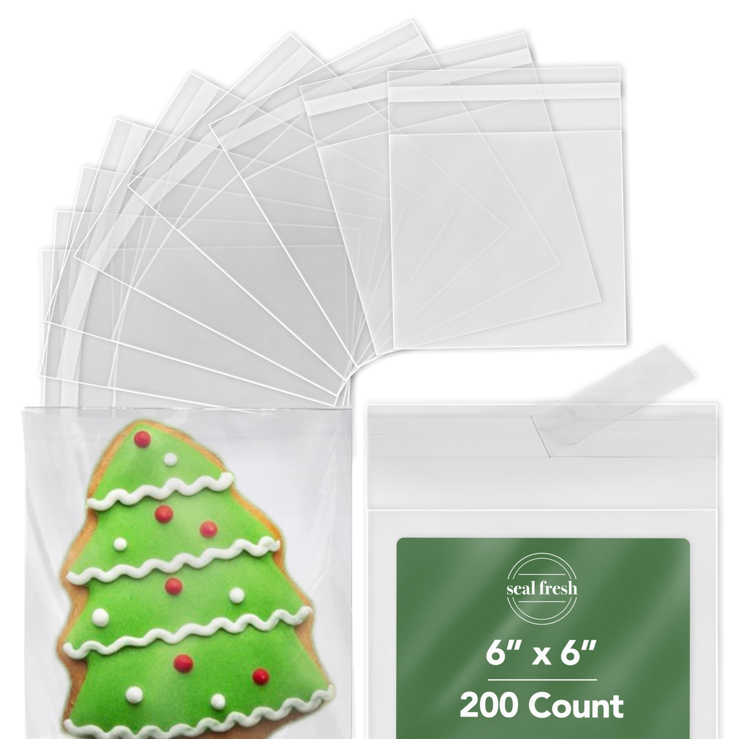 Seal Fresh 6 x 6 Inch Cellophane Bags 200 Pack — Clear Self-Sealing Resealable Treat Bags for Cookies, Candy, Pastries, Party Favors, Square Cello