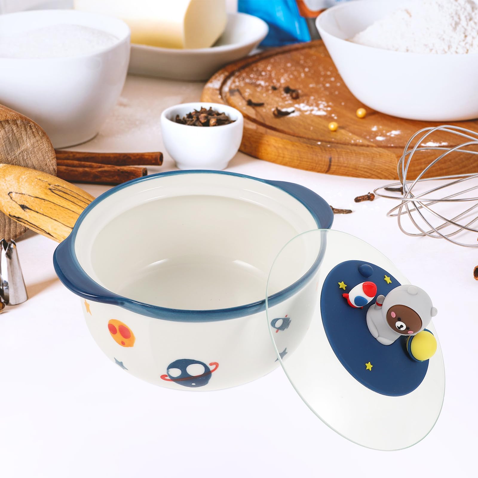 Luxshiny Tazón para Fideos Espacial Tapa de Cerámica 800ml para Hogar | Cuenco Grande para Sopa, Acabado de Vidrio y Pvc, Fácil de Limpiar, Uso en Restaurantes y Decoración