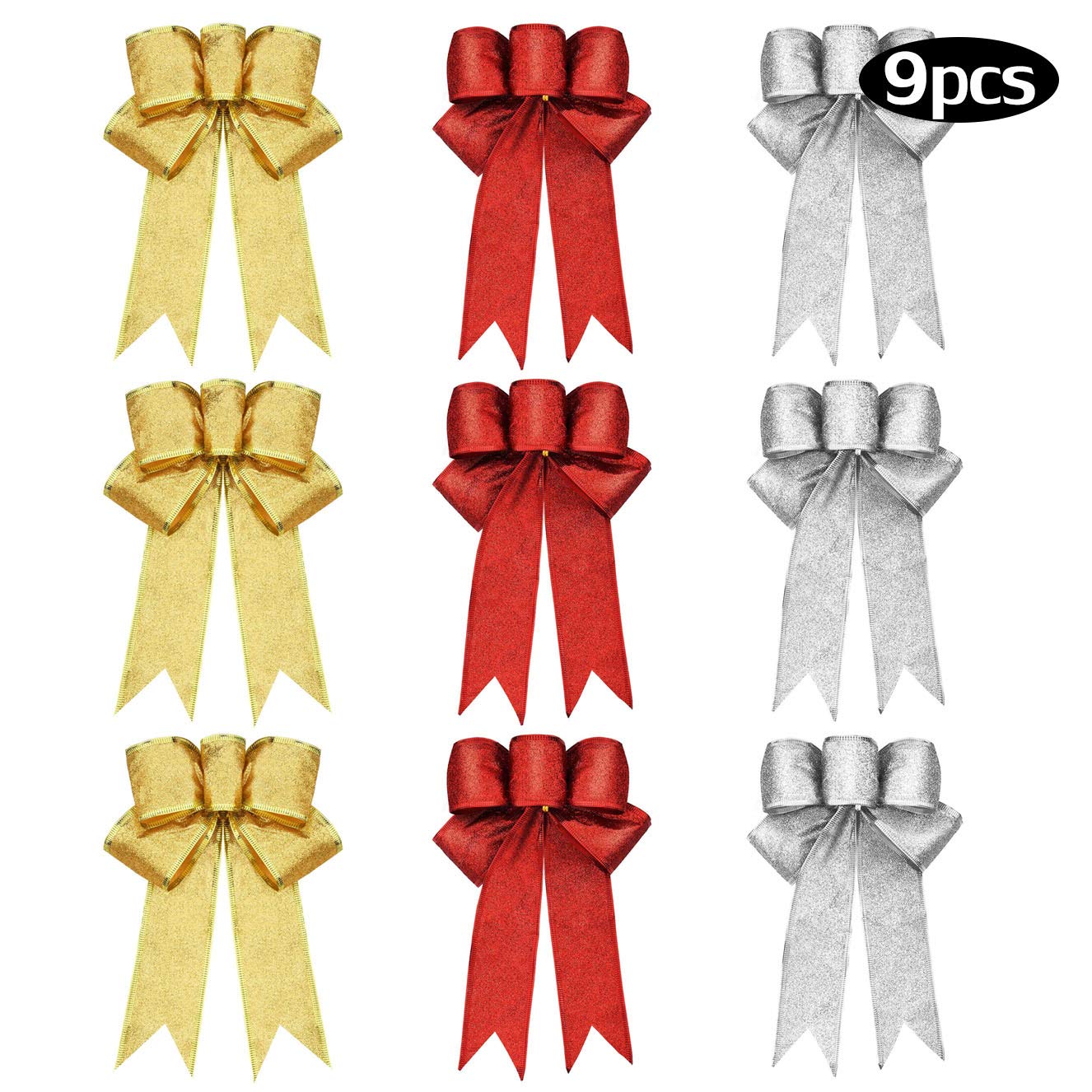 Bimkole 9 Pieces 9 Inch Glitter Christmas Bows Christmas Wreath Bow Christmas Tree Ornaments for Christmas Party Decoration 3 Colors?Golden Silver Red?