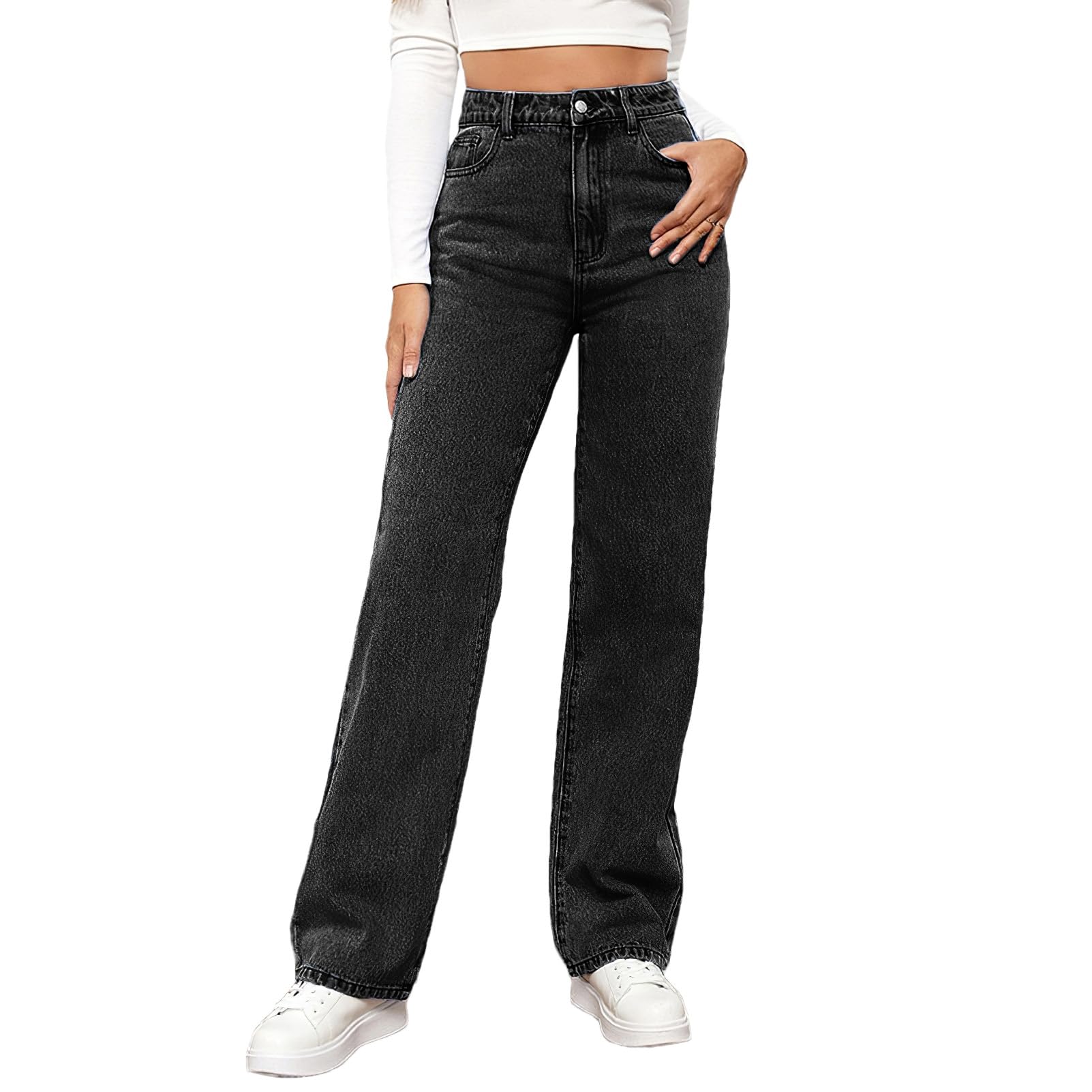 Donna Jeans a Gamba Dritta a Vita Alta Pantaloni Denim Casual a Gamba Larga