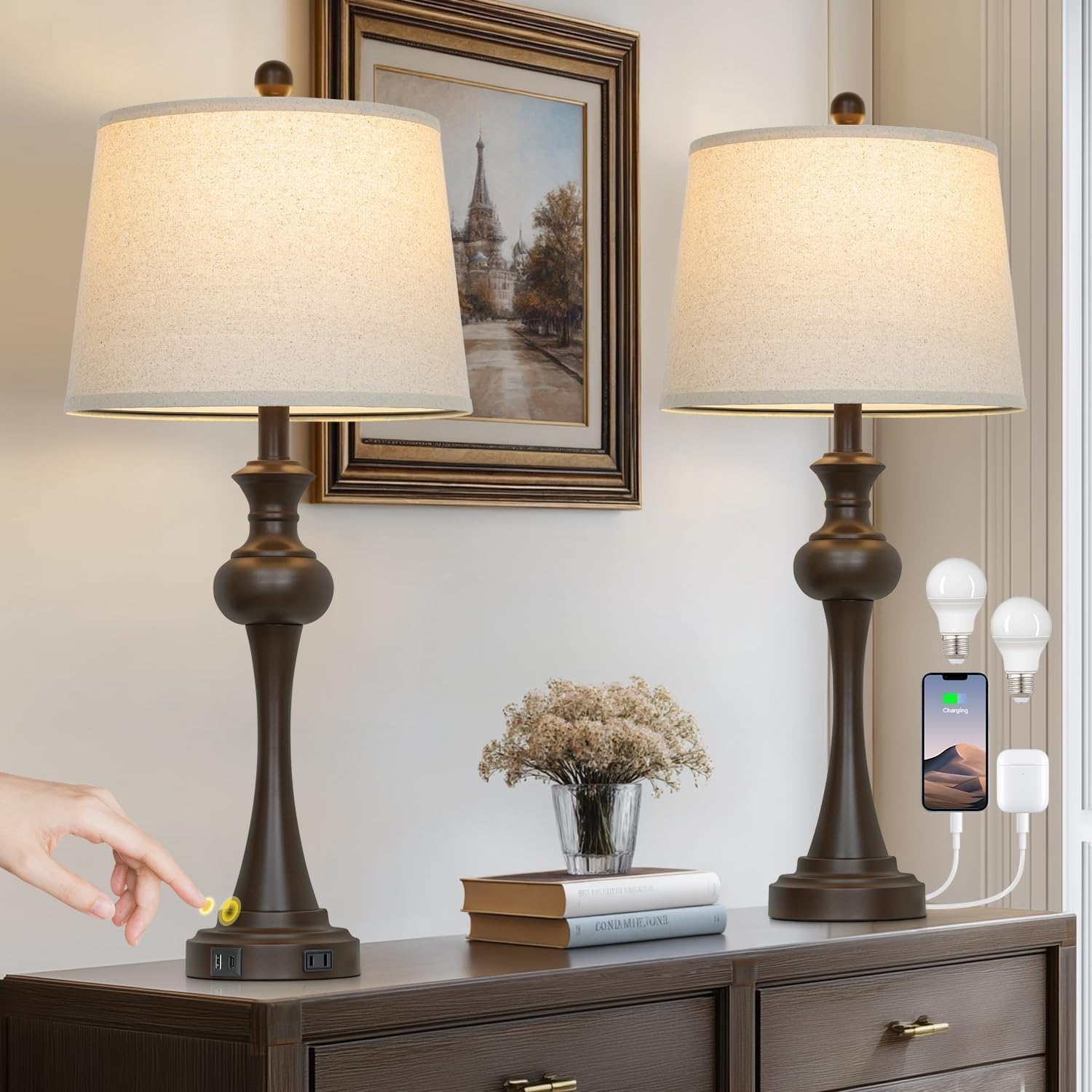 ZR98US 28.75" Two-Piece Bedside Lamp Set with USB A+C Ports, Beige Fabric Lampshade, Suitable for Living Room and Office (Brown)