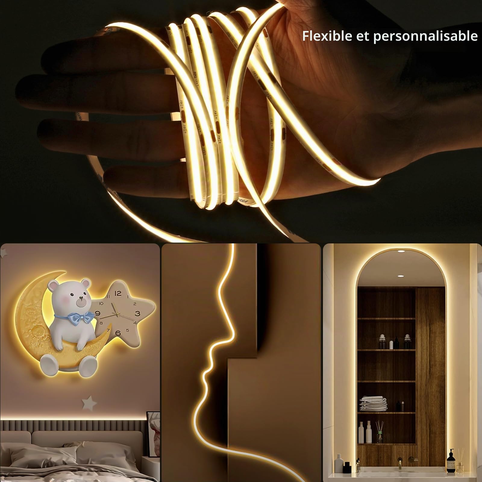 Bande LED COB de 20 m - Blanc chaud - 3000 K - 24 V - Intensité variable - Flexible - Avec bloc d'alimentation et télécommande RF - CRI 90+ - Pour décoration d'intérieur, escaliers, cuisine