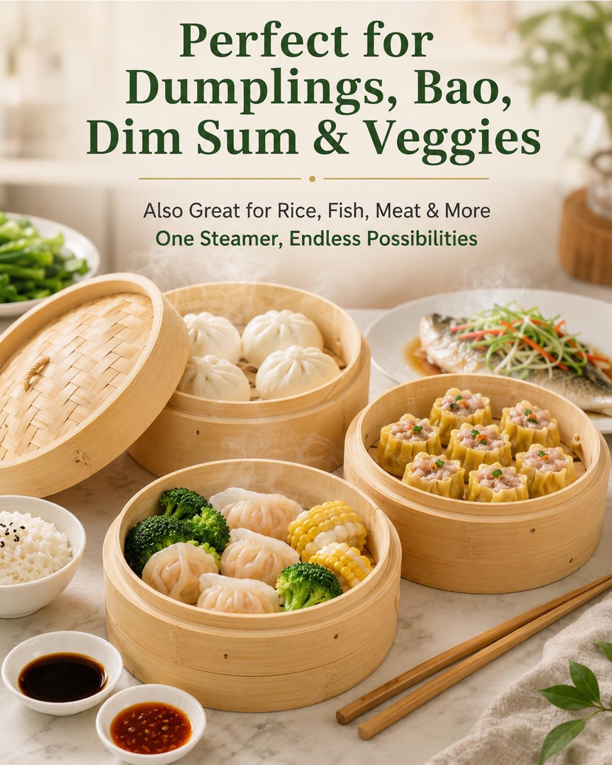 Steamer Basket,8 Inch 2-Tier Bamboo Steamer Basket For Rice,Dumpling,Bao Buns,Dim Sum, Vegetable,Chinese & Asian Food,With 1 Bamboo Clip, 2 Ceramic Sauce Dishes, 10 Perforated Liners And 2 Pairs Of Chopsticks