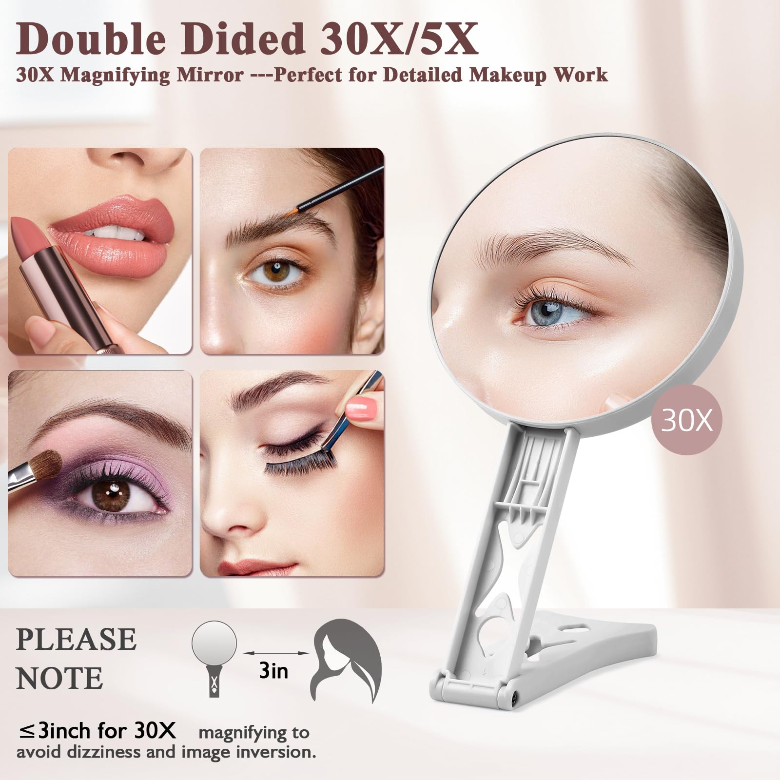 Vergrößerungsspiegel, doppelseitig, 30-fach/5-fach, Präzisions-Make-up mit 30-facher Vergrößerung und Gesamtansicht bei 5-facher Vergrößerung, Reise-Make-up-Spiegel mit Griff und Tischständer