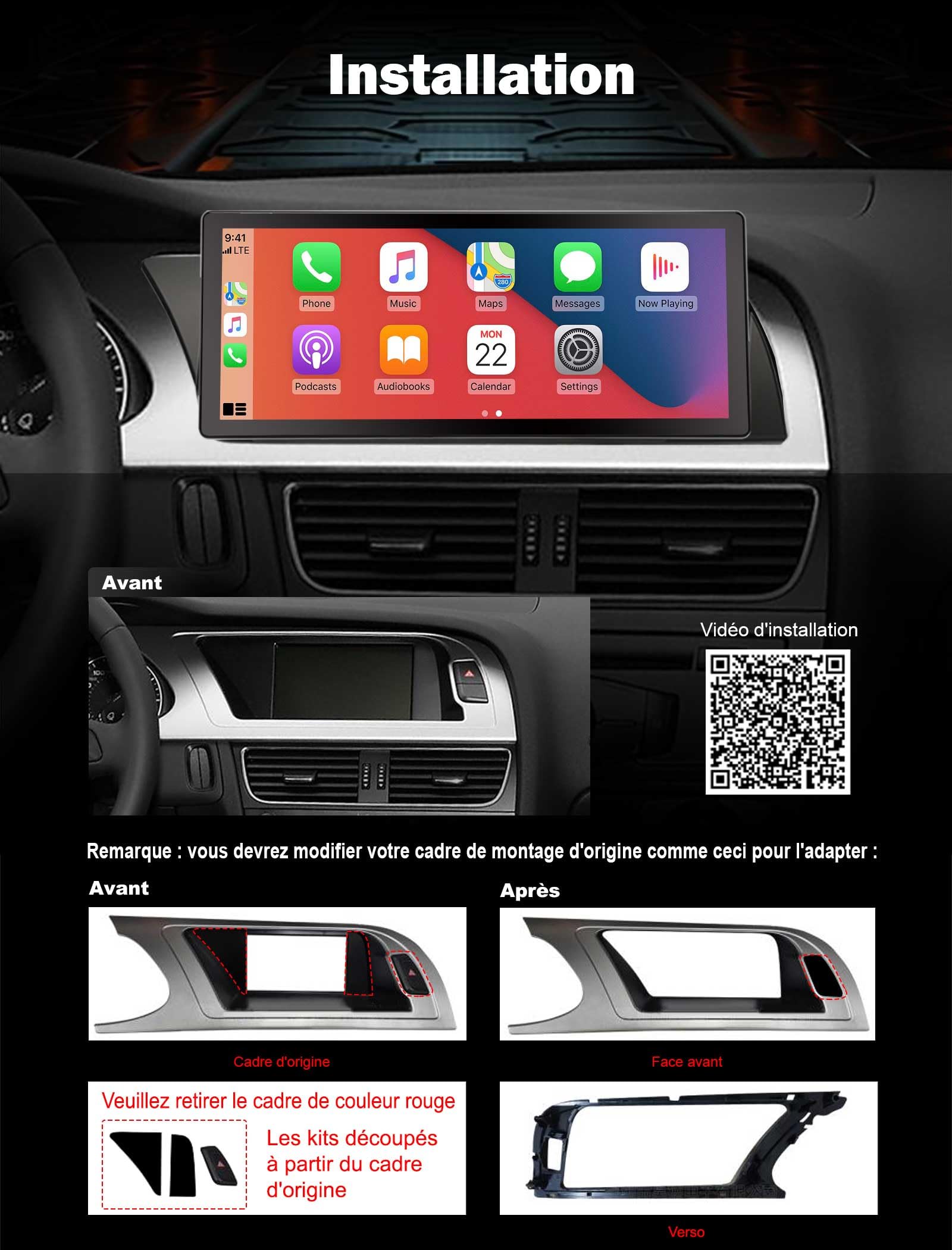 10,25" 8-rdzeniowy 4 + 64 GB CarPlay Android 14 radio samochodowe GPS nawigacja do Audi A4/A5/B8/S4/S5 obsługuje nawigację GPS, Carplay, IPS, WiFi, 4G, WiFi, DAB+, do niskiej konfiguracji