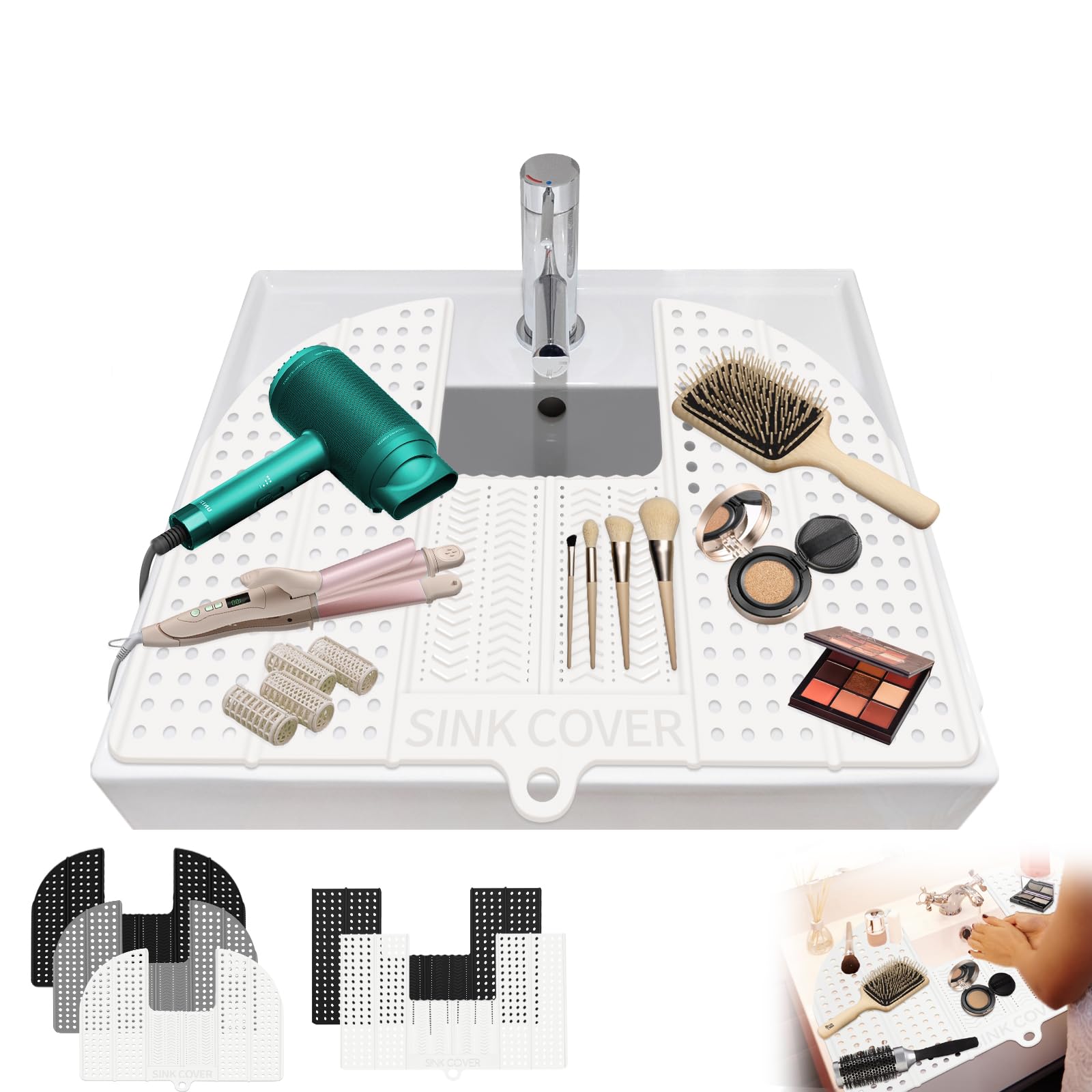 Bathroom Sink Cover for Counter Space Makeup, Foldable Silicone Sink Mat with Hanging Loop, 20.7" x 14.5" White Heat Resistant Makeup Sink Cover Mat, Bathroom Sink Organizer Countertop for Space Saver