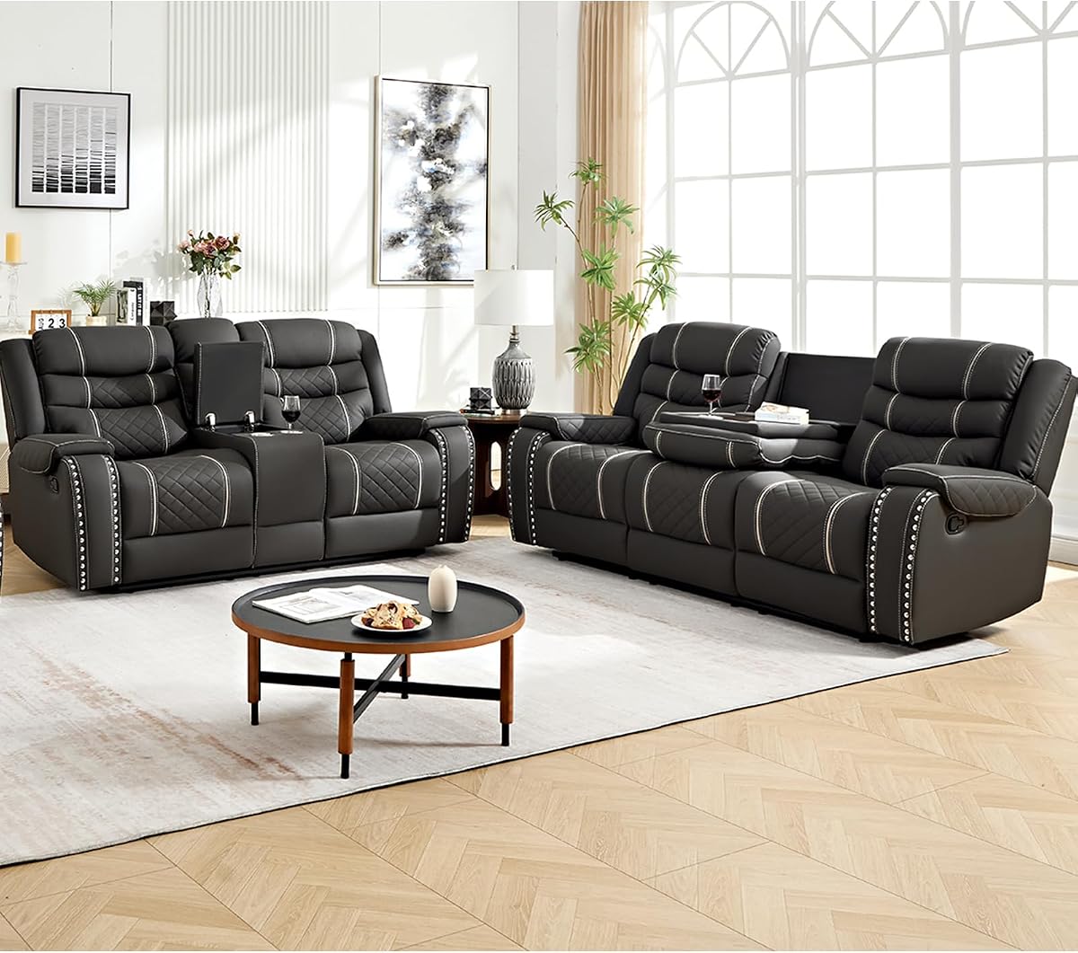 Microfiber Manual Recliner Sofa Set, Living Room Furniture Set with Nailhead Trim, Drop Down Table & Console Cup Holders, Storage Cabinet, Reclining Sofa and Loveseat Set (Sofa+Loveseat)