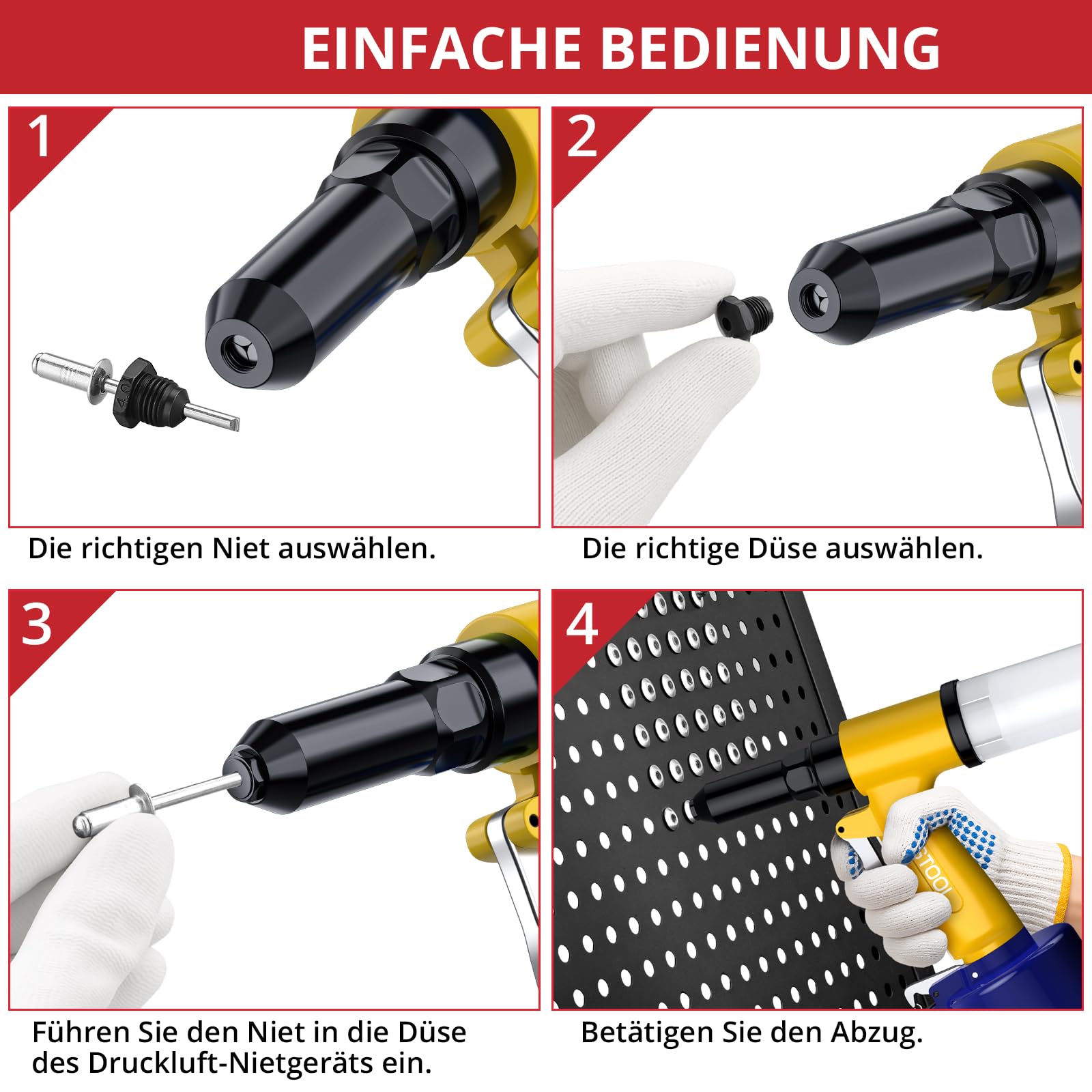 JUSTOOL Pneumatische Lufthydraulische Nietzange Pneumatische Nietzange 1408KGF, 5 Spezifikationen (2,4mm, 3,2mm, 4,0mm, 4,8mm, 6,4mm) Europäische Schnittstelle Ersatzkrallen, Für Auto, Garage und DIY