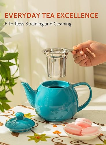 Miniatura 5 de Sweese 221.107 Tetera de porcelana con infusor de acero inoxidable, tetera de hojas florecientes y sueltas, 27 onzas, azul acero