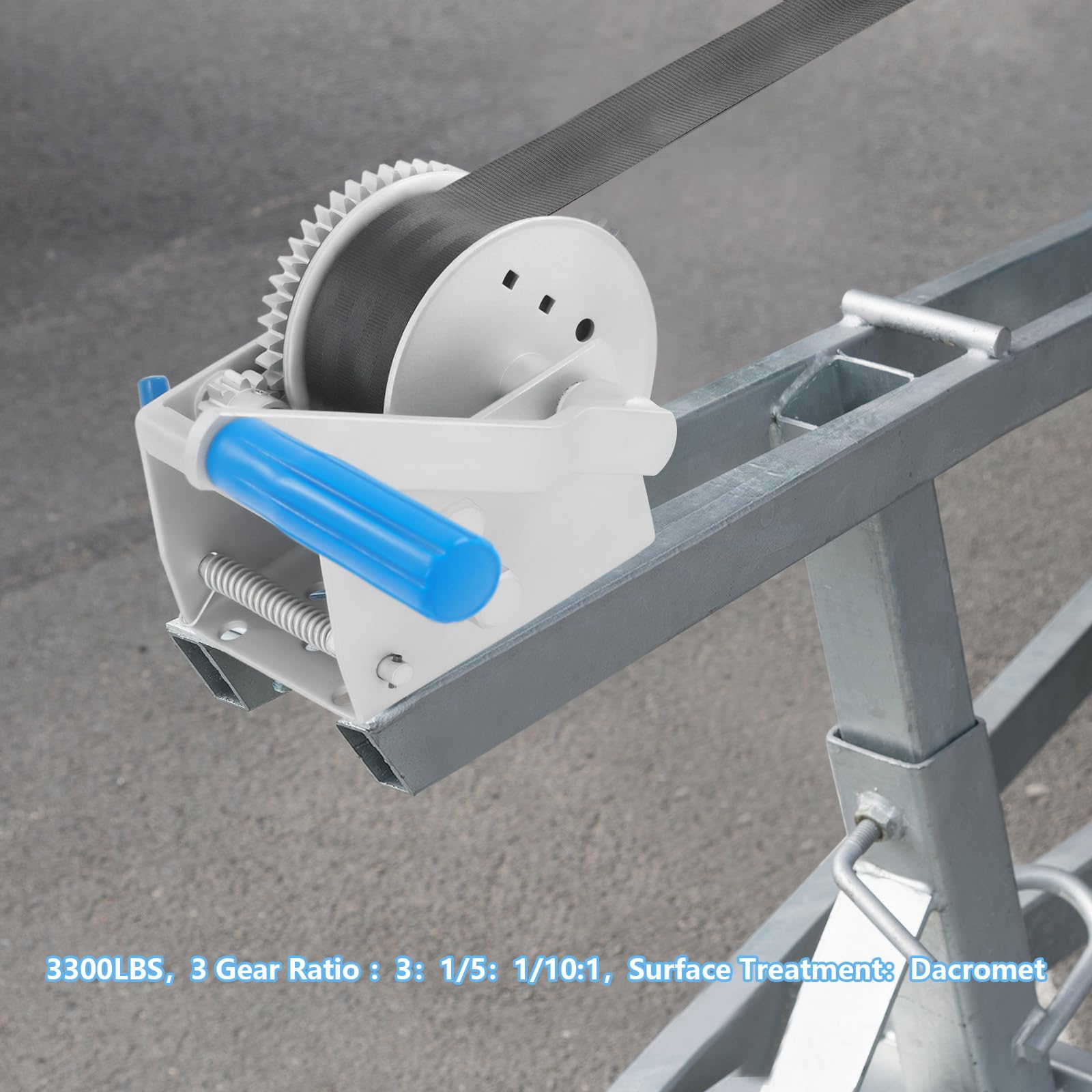 Cabrestante manual de 1500 kg de fuerza de tracción con 3 marchas y bloqueo | Dakromet Anticorrosión, Resistente al Desgaste Correa Manual Winche Handwinch Para Barcos Trailer Yate Remolque