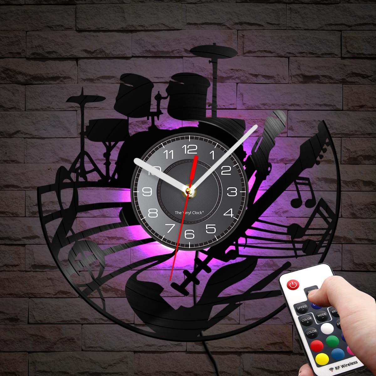 12 Inch Guitar and Drum Kit LED Vinyl Record Wall Clock with 7 Colors Changing Non-Ticking, Modern Rock N Roll Instrument Night Light Wall Clock Drummer Gifts for Men Guitarist Music Lovers