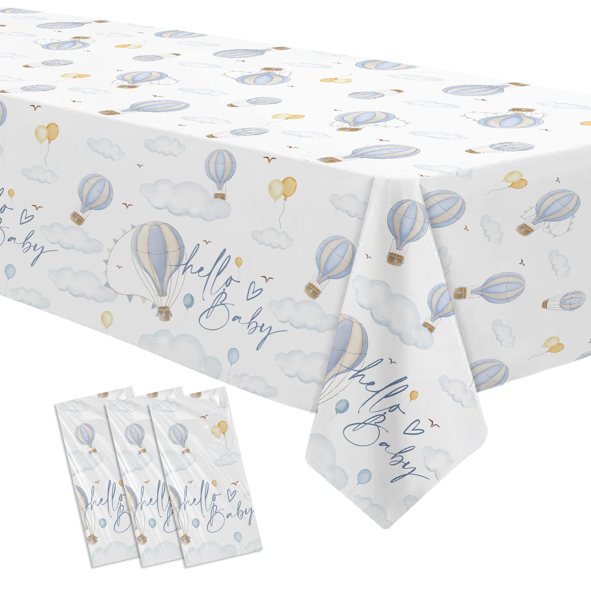 HIPVVILD Hot Air Balloon Baby Shower Decorations Tablecloth for Boy, 3 Pack Disposable Blue Hot Air Balloon Theme Adventure Awaits Baby Boy Table Cover, 55in x 86in