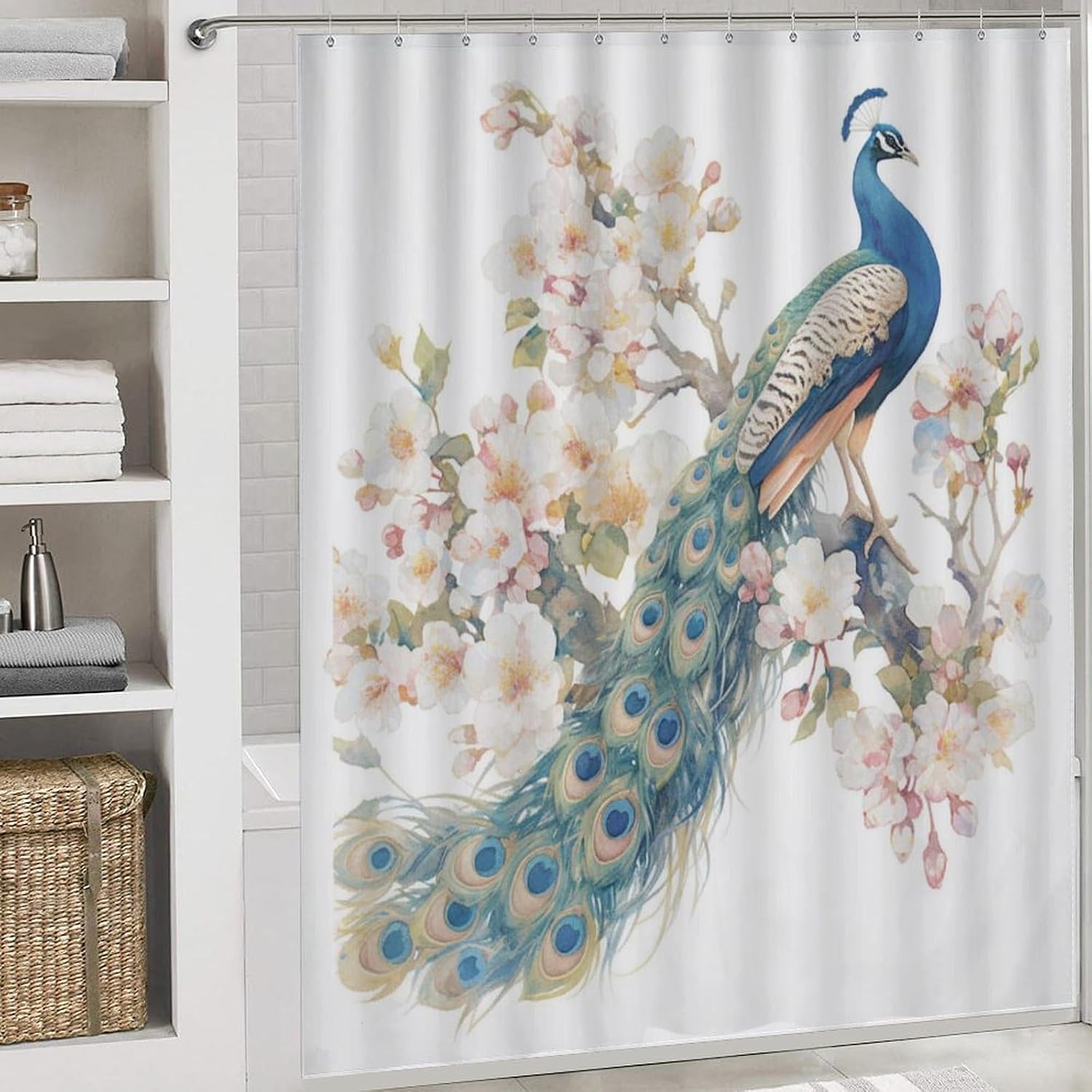 Watercolor Peacock Shower Curtain Sets with Toilet Lid Cover and Rugs, Nature Animal Farmhouse Flower Bathroom Decor Set with Rug U Shape Mat, Waterproof Shower Curtain with 12 Hook 4Pcs