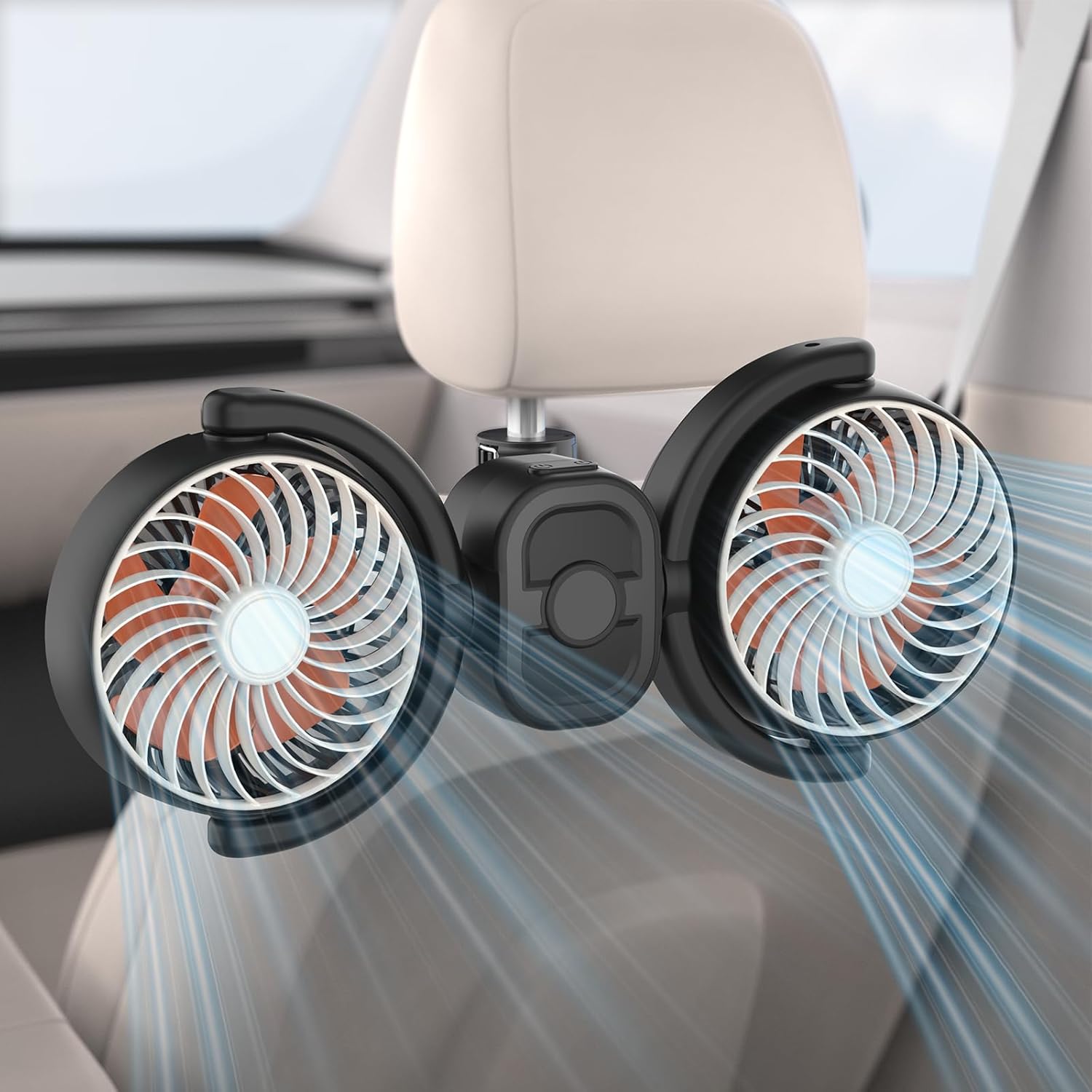 Backseat Car Fan For Kids: Battery & USB Powered 5V/2A Rear Seat Car Cooling Fans, 3 Speed Independent Control, 360° Rotatable Auto Headrest Cooler For Vehicle Sedan Truck Pickup Air Circulation