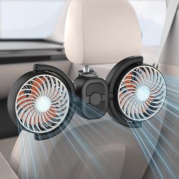 Hayousui Backseat Car Fan for Kids Battery & USB Powered 5V/2A Rear Seat Car Cooling Fans, 3 Speed Independent Control, 360 Rotatable Auto Headrest Cooler for Vehicle Sedan Truck Pickup Orange