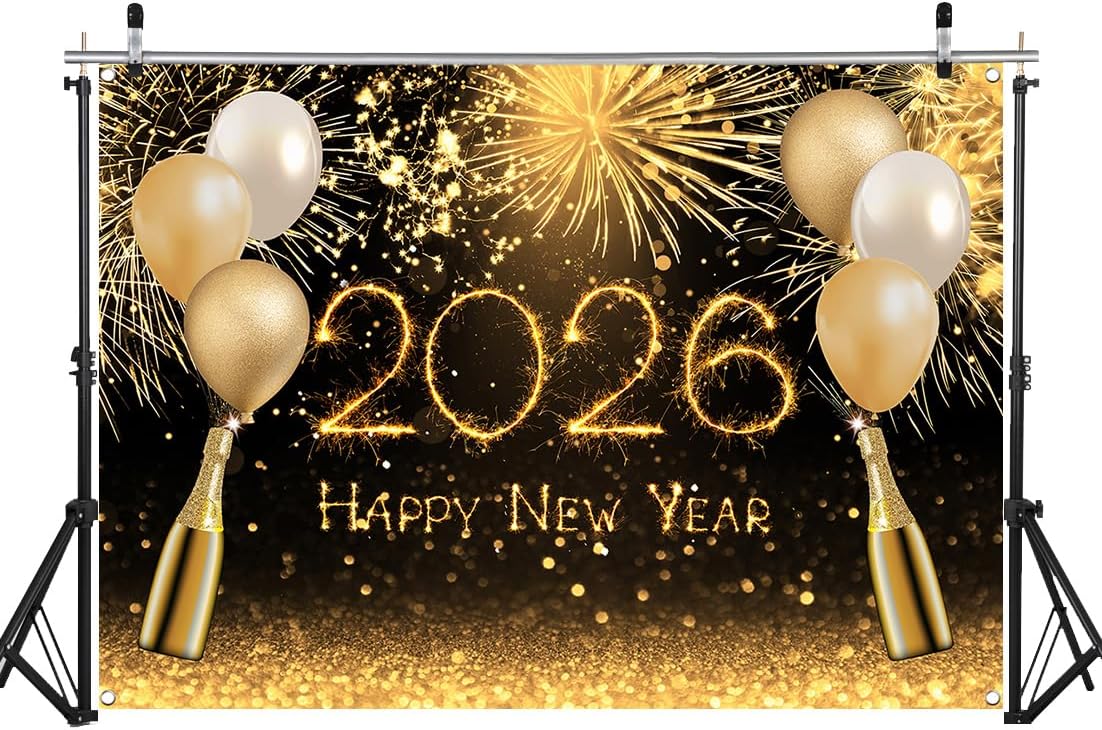 wolada 2026 happy new year photography backdrop golden fireworks balloons champagne glitter background for new year eve party photo booth decor 82.68x59.06 inches 12389