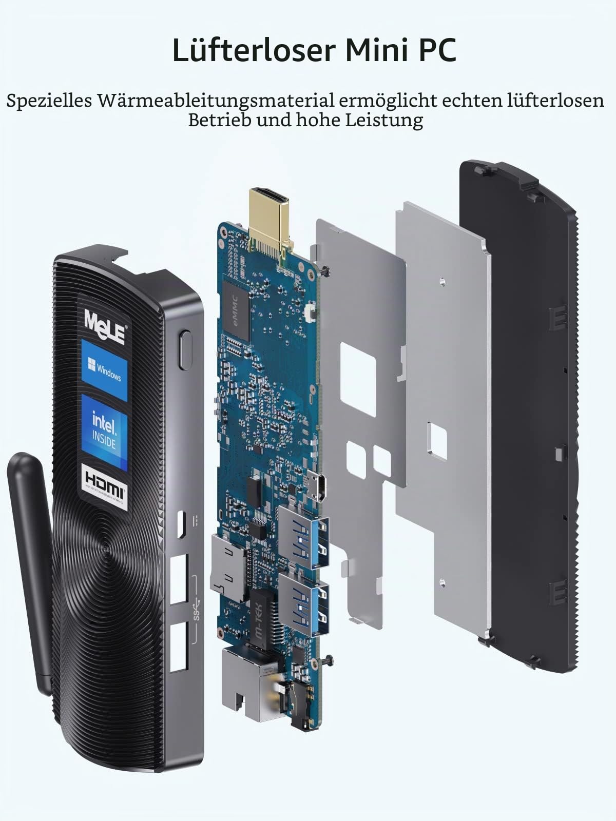 MeLE PCG02 Mini-PC-Stick Lüfterloser Celeron J4125, Kleiner Computer, Micro-PC, LPDDR4, Win11, HDMI 4K 60Hz, 2.4G/5G Wi-Fi 5, Gigabit Ethernet, BT 4.2, USB 3.0, Wake on LAN, PXE (8G/256G)