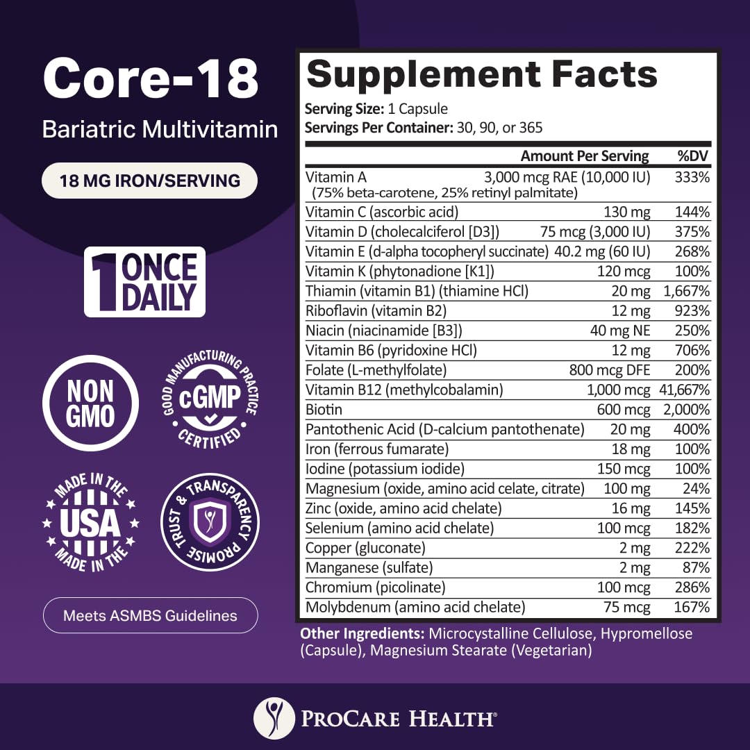 ProCare Health Core-18 Bariatric Multivitamin | 18mg Iron | Capsule | 30ct — Amazon image 3