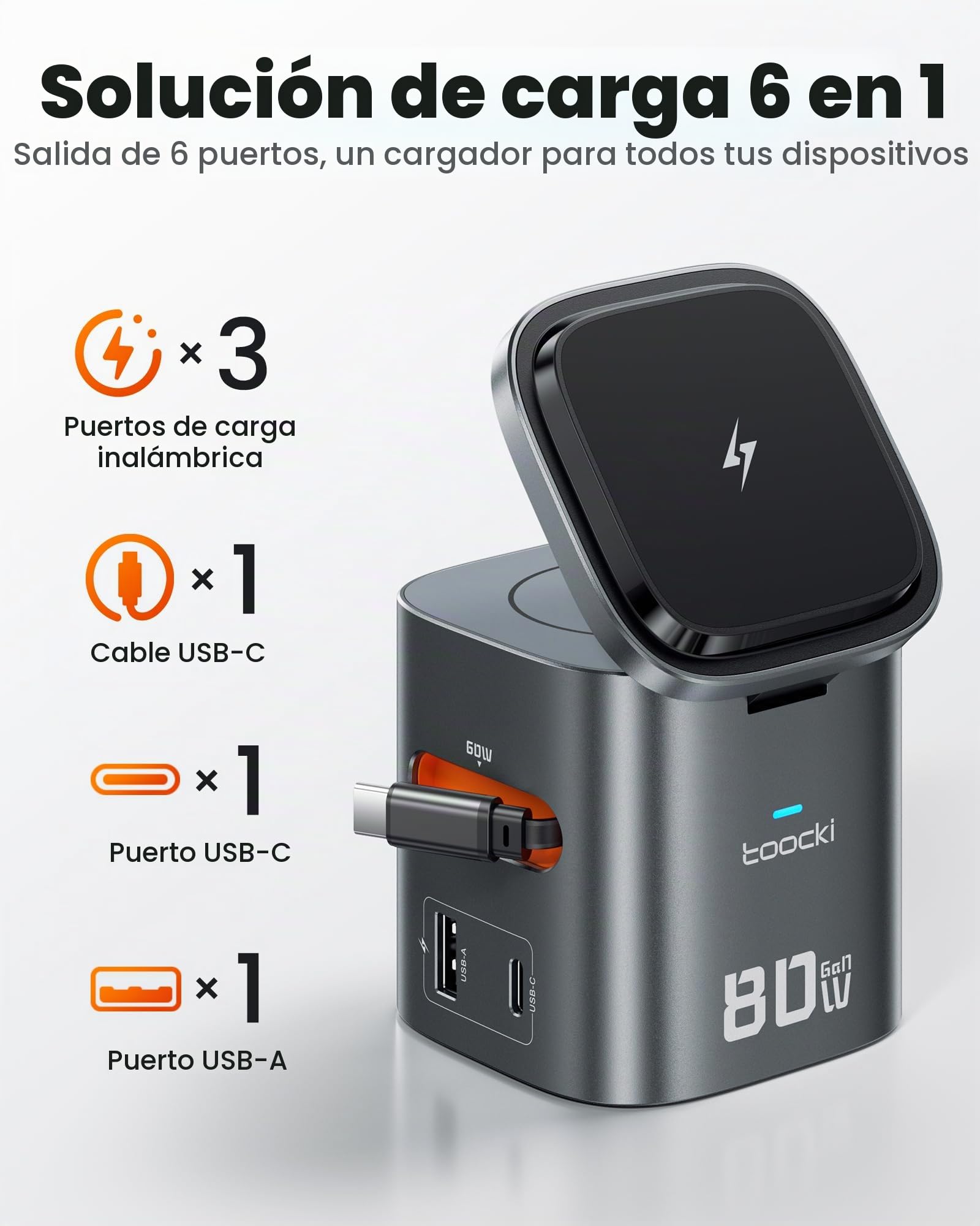 toocki Estación Carga 80W, 6 en 1 Cargador GAN con Cable USB C Retráctil | Cargador Carga Rápida USB-C Múltiple para Casa/Oficina, Compatible con Watch/AirPods, Diseño Compacto, Protección Segura