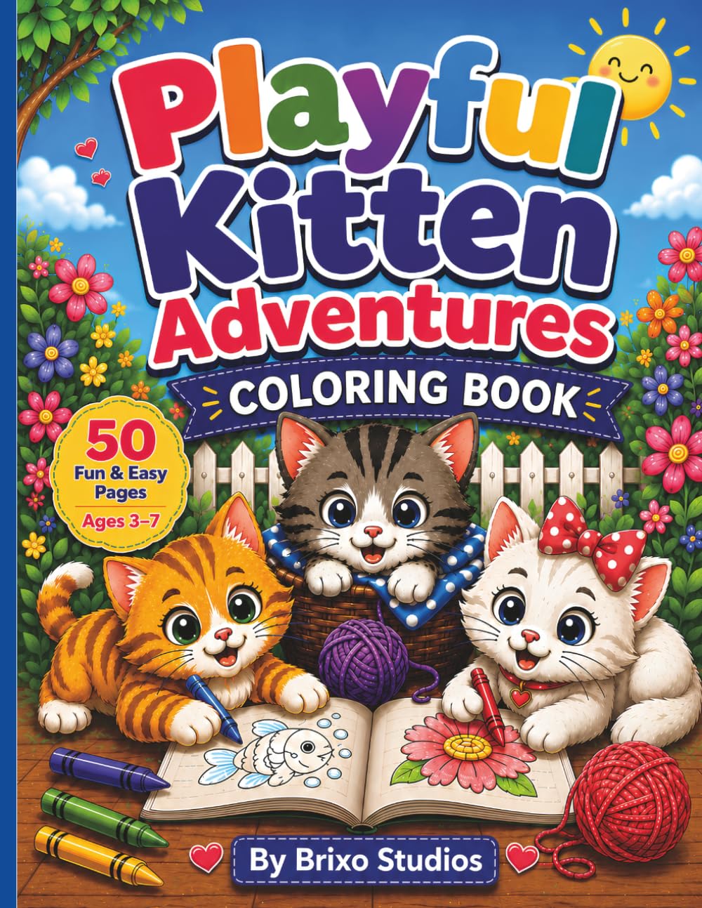 Playful Kitten Adventures Coloring Book: 50 Fun and Easy Kitten Coloring Pages for Kids Ages 3 to 7