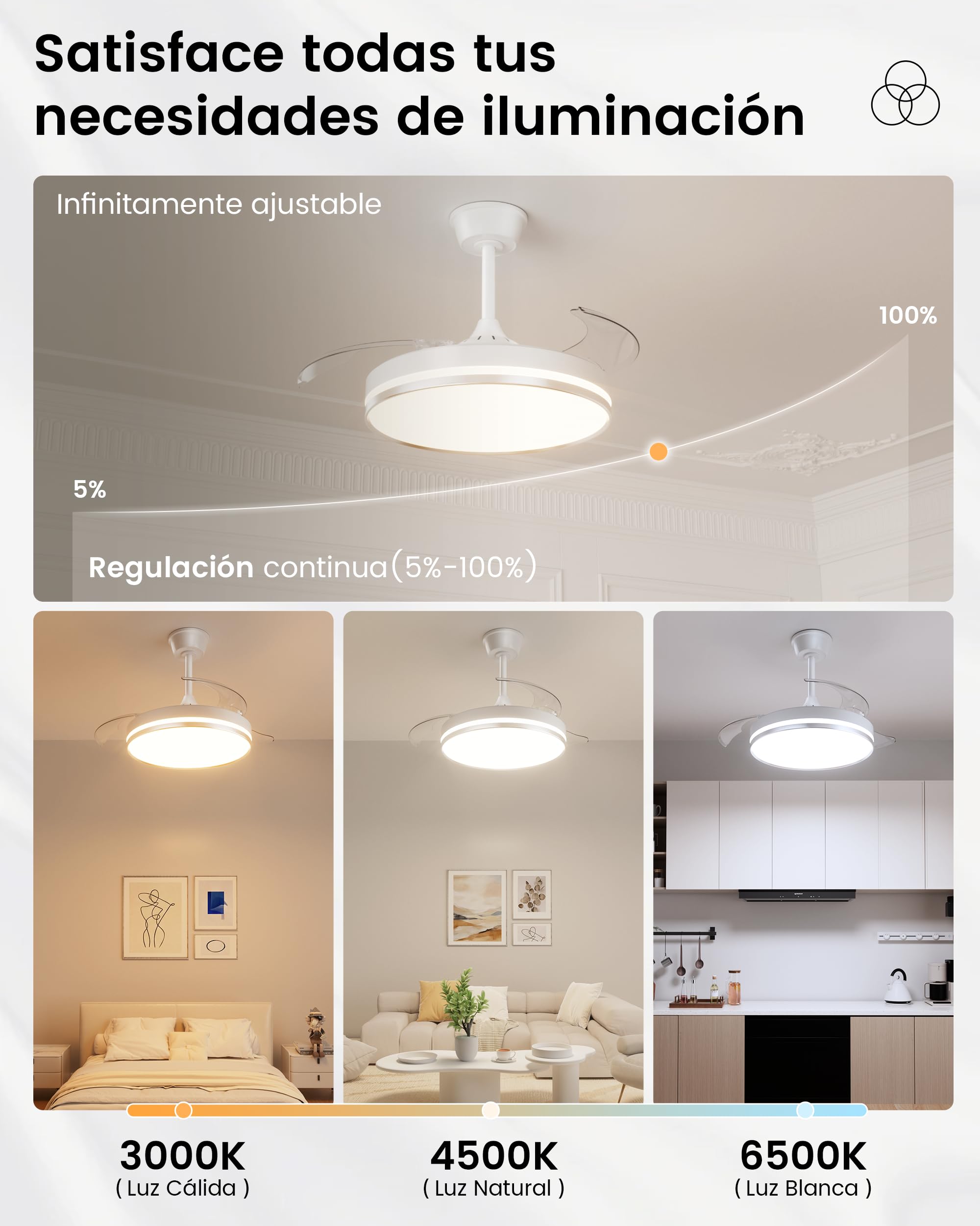 VOLISUN Ventilador de Techo con Luz aspas Retráctiles, Ultra-Silencioso Motor DC, CCT 3000-4000-6000K, Mando a Distancia - 50W Lámpara de Techo con Ventilador Moderno（(Plata, 106cm)