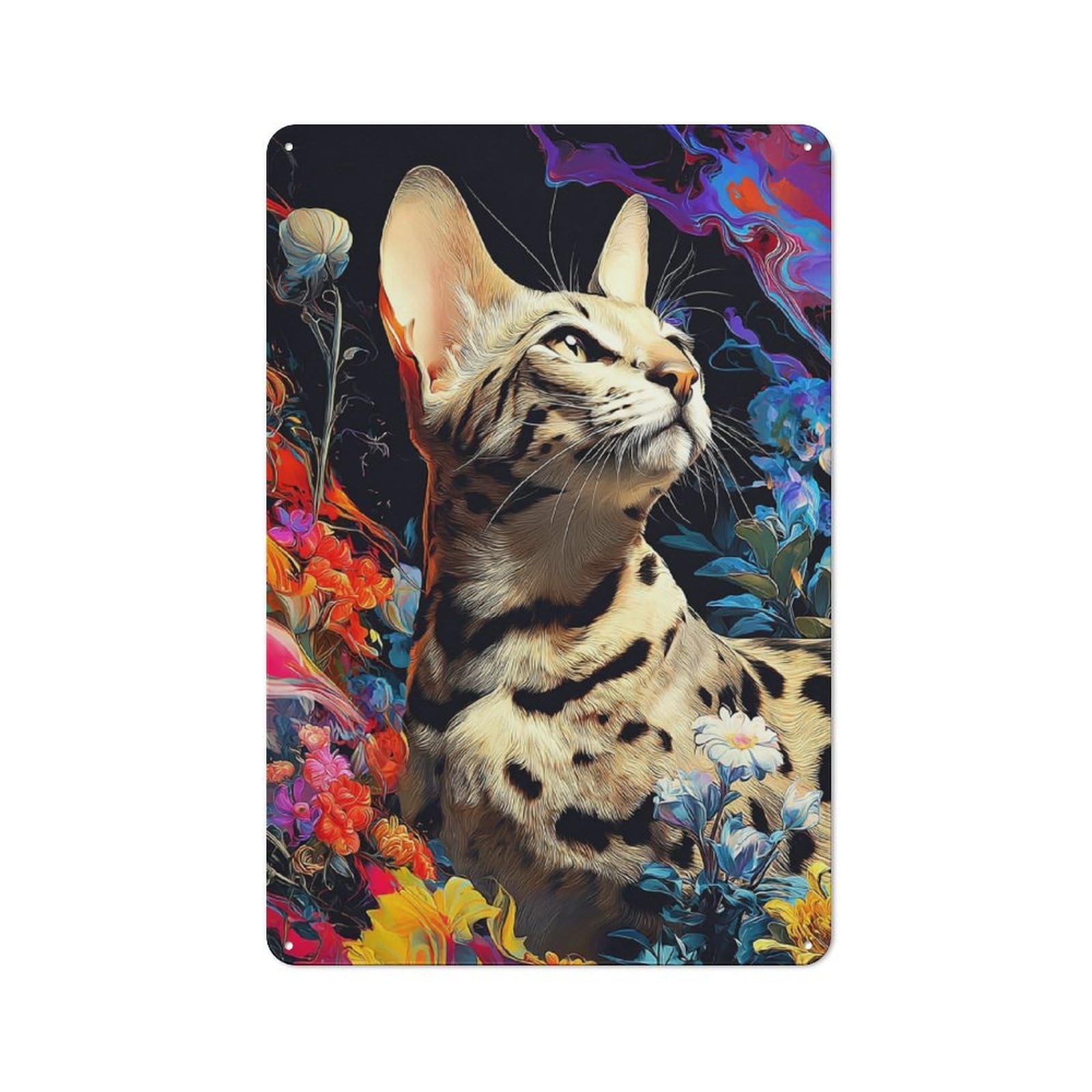 Junmoney Colorful Cat Amidst Flowers -1 For Garden Room Or Summerhouse, Retro Tin Sign 30X20cm, For Garage, Workshop And Man Cave Decoration