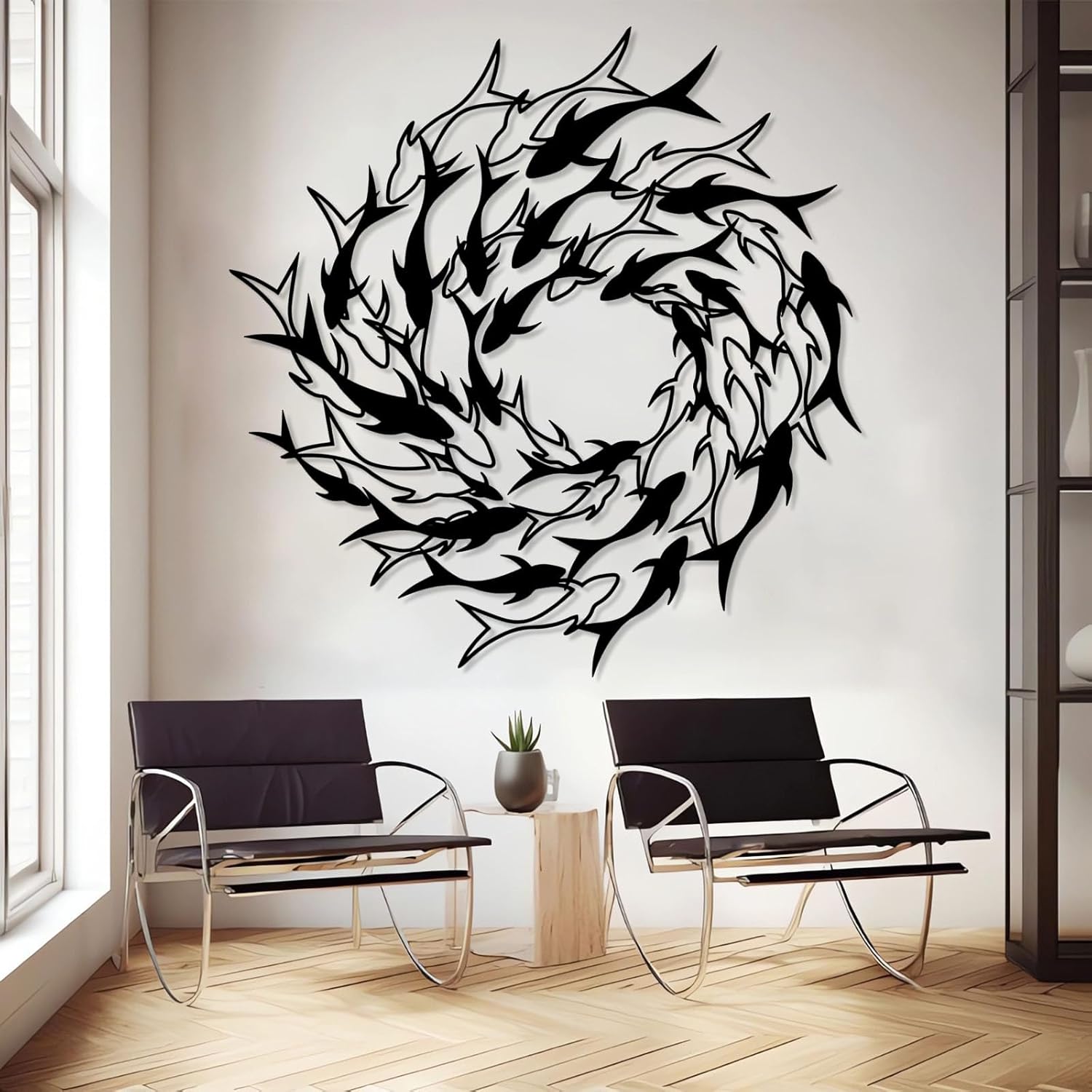 School of Fish Wall Decor, Flock of Fish Metal Sign, Whirlpool School of Fish Metal Wall Art, Minimalist Line Wall Decor, Nautical Wall Decor, Bathroom Wall Art (Gold, 39"x39"|100x100cm)