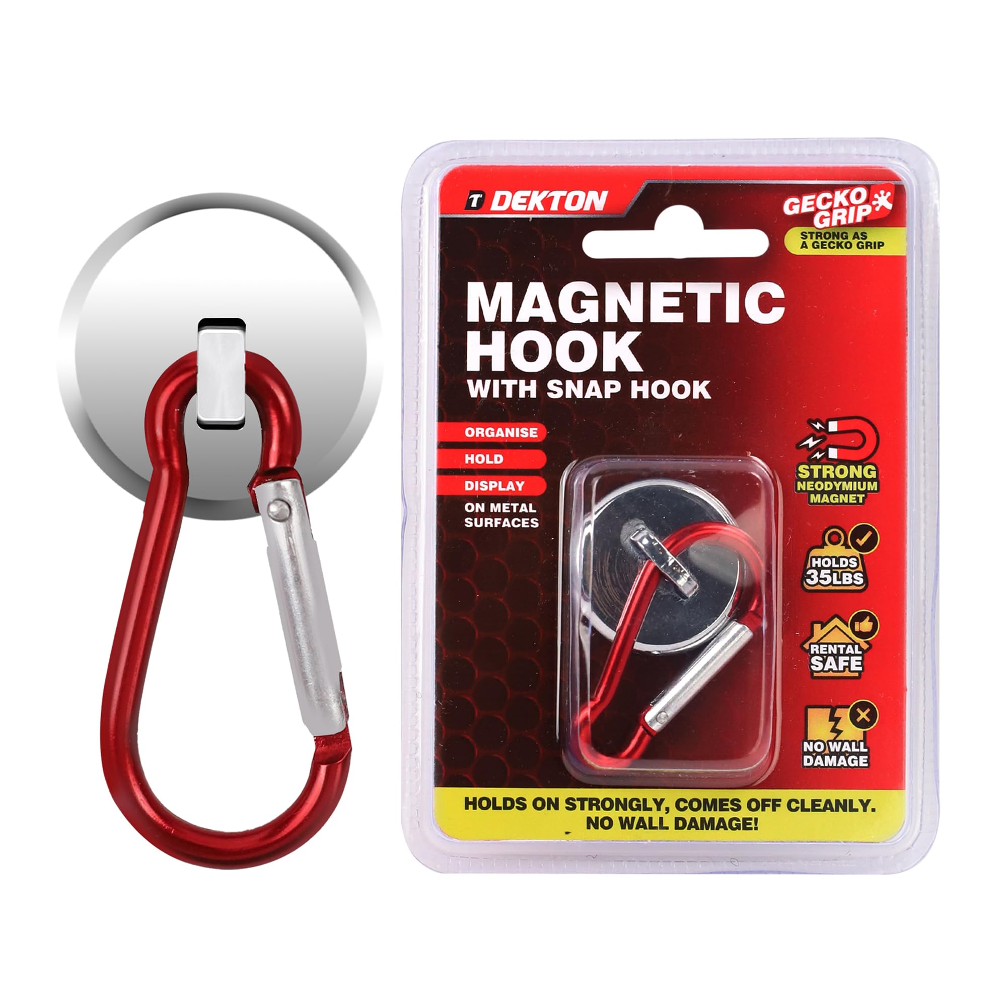 Dekton Red Geckogrip Magnetic Hook - Heavy Duty Neodymium Magnet, Holds Up To 35 Lbs, Rental Safe, Damage - Free - Ideal For Keys, Tools, Kitchen Utensils, Bags & More