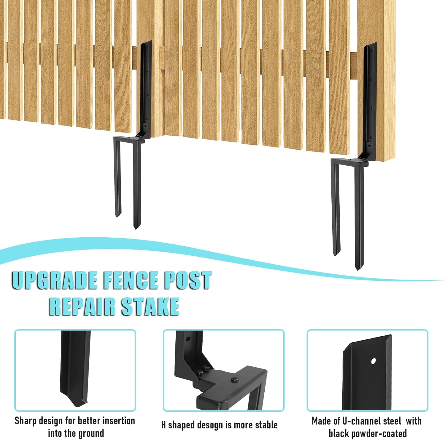 2 Pcs Fence Post Repair Kit, Heavy Duty Fence Post Anchor with Black Powder-Coated,Post Buddy Fence Repair Tilted/Broken Wood Fence Post