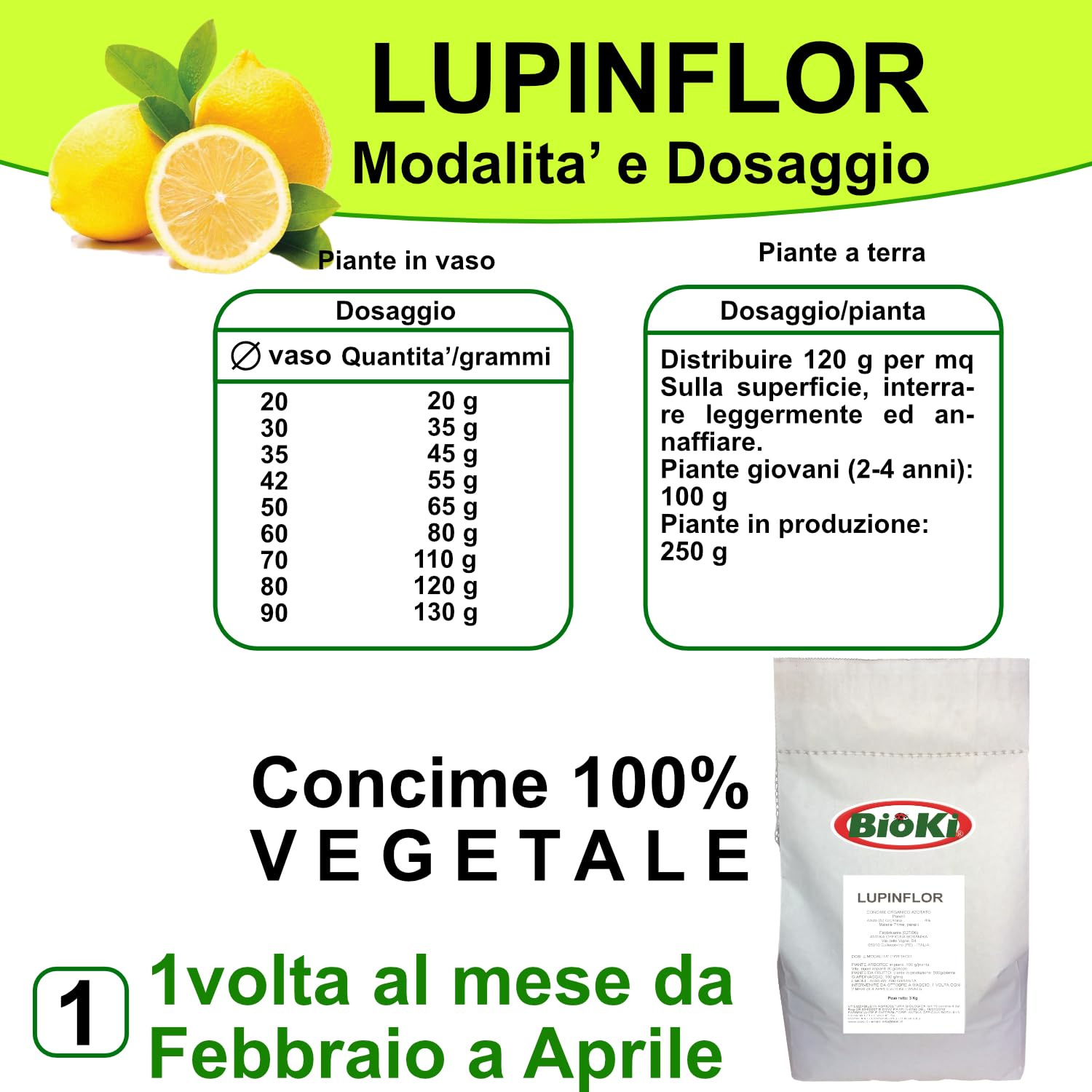 BIOKI Lupinflor Concime Organico per Limoni e Agrumi, busta 3 kg, Azione Rapida, Acidificante Terreno e resistenza alla malattie (9 kg)