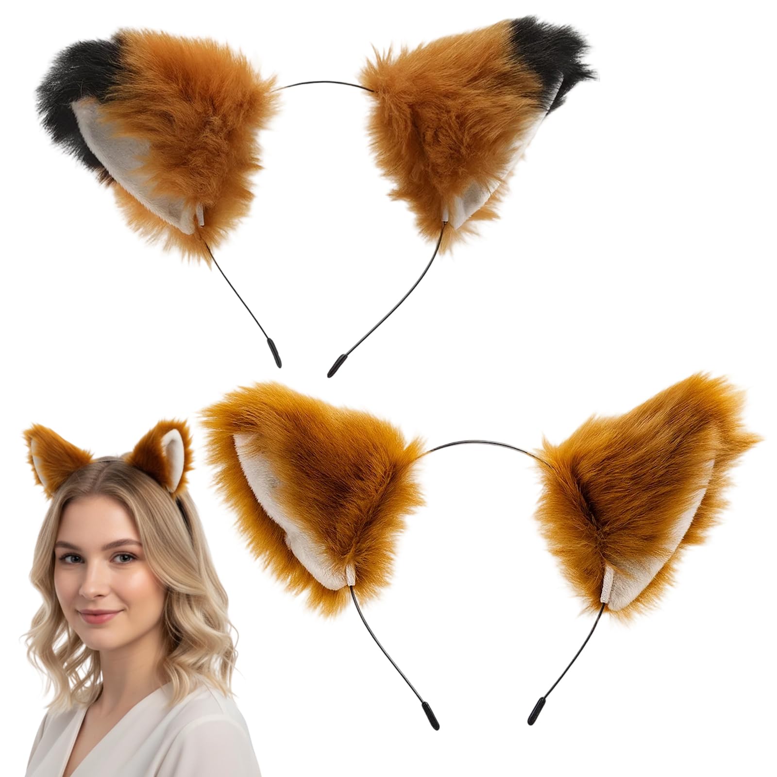 SrgPui 2 Pcs Fox Ears, Furry Fox Ears Headband, Animal Ears Headband for Cosplay, Halloween Party, Themed Events, Black and Yellow Fox Ears