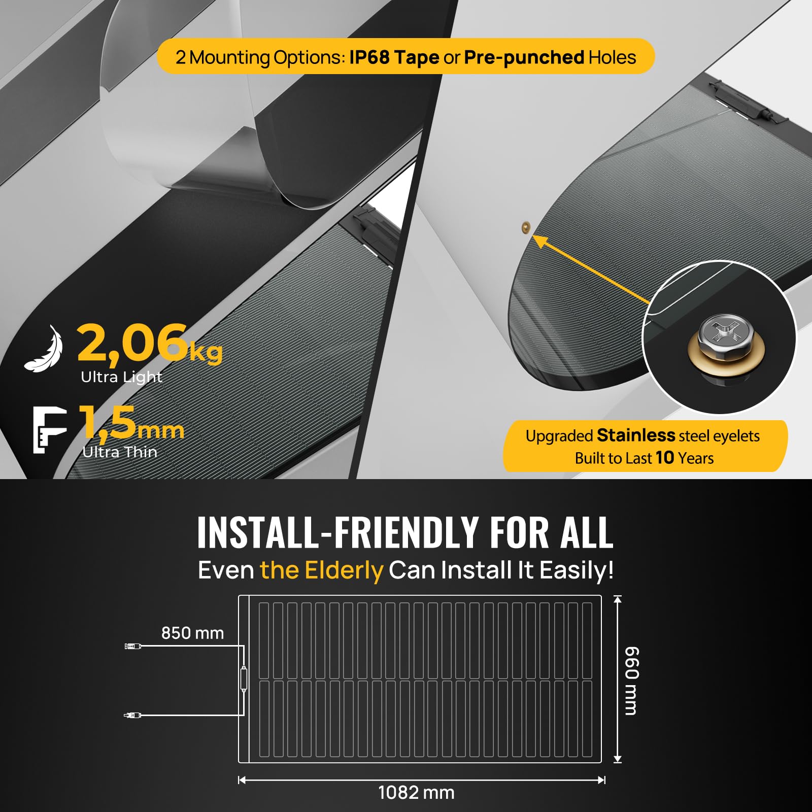 BougeRV Yuma 100W CIGS Solarpanel Flexibel 360° Flexible Solarmodule ETFE IP68 mit Klebeband Solarplatten für Wohnmobil Camping Garten Boot Yacht Auto Oberflächen balkonkraftwerk 24 Bypass-Dioden
