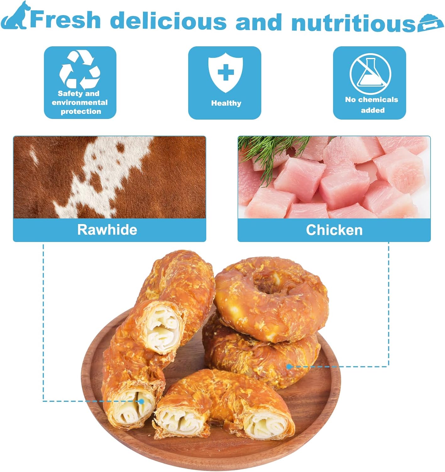 Dog Treats Rawhide Free Chicken Wrapped Cod Sticks and Long Lasting for Large Dog Clean Teeth Chicken Wrapped Rawhide Donuts