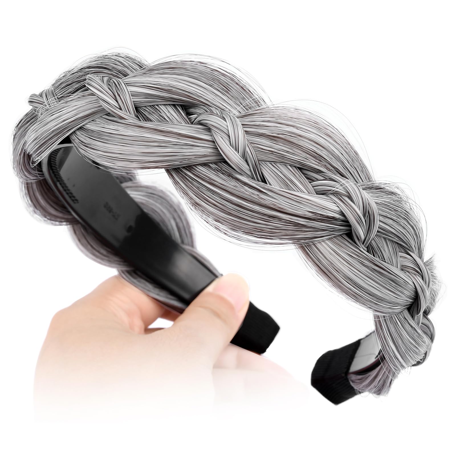 BOBIYA Plaited Hair Headband with Tooth Braid Hair Headband with Teeth Wide Braided Hair Headband (Salt Pepper, One Size) - Image 2