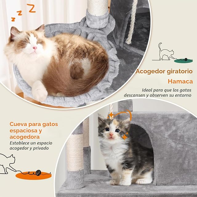 Foto 3 de 8 de Nobleza Árbol Rascador para Gatos Grande 168cm, Torre de Actividades Multinivel con 9 Postes de Sisal, 2 Nidos