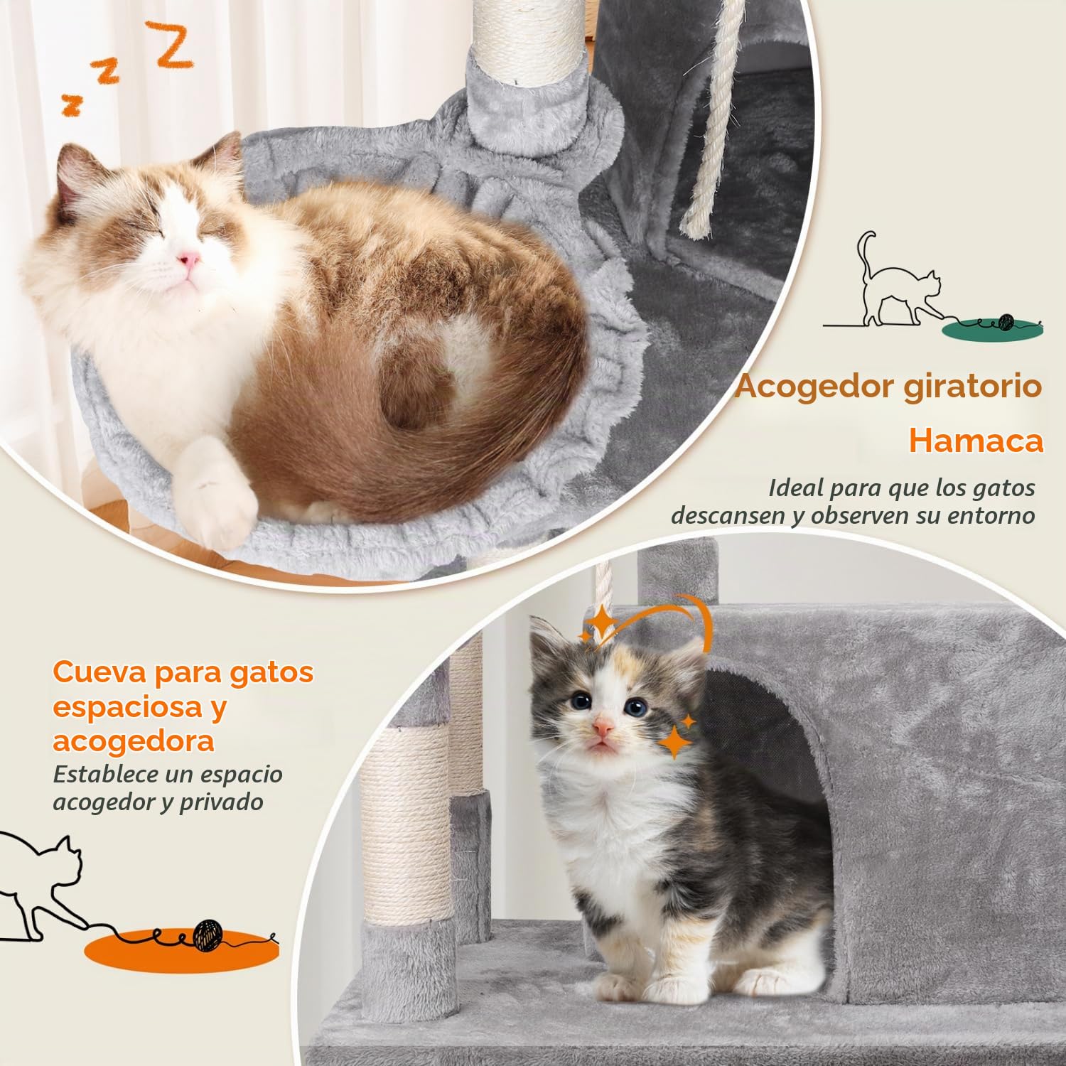 Nobleza Árbol Rascador para Gatos Grande 168cm, Torre de Actividades Multinivel con 9 Postes de Sisal, 2 Nidos, Hamaca y Pompón, Gris
