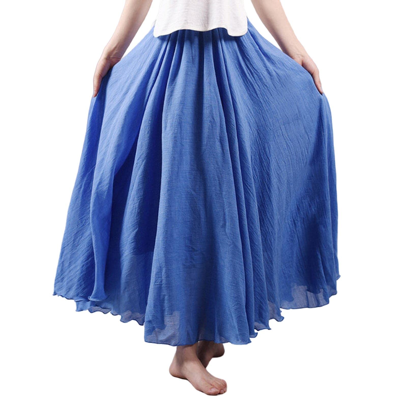 Falda larga de lino para mujer, falda larga de algodón con cintura elástica, plisada, maxi faldas de playa vintage de verano, azul, 40