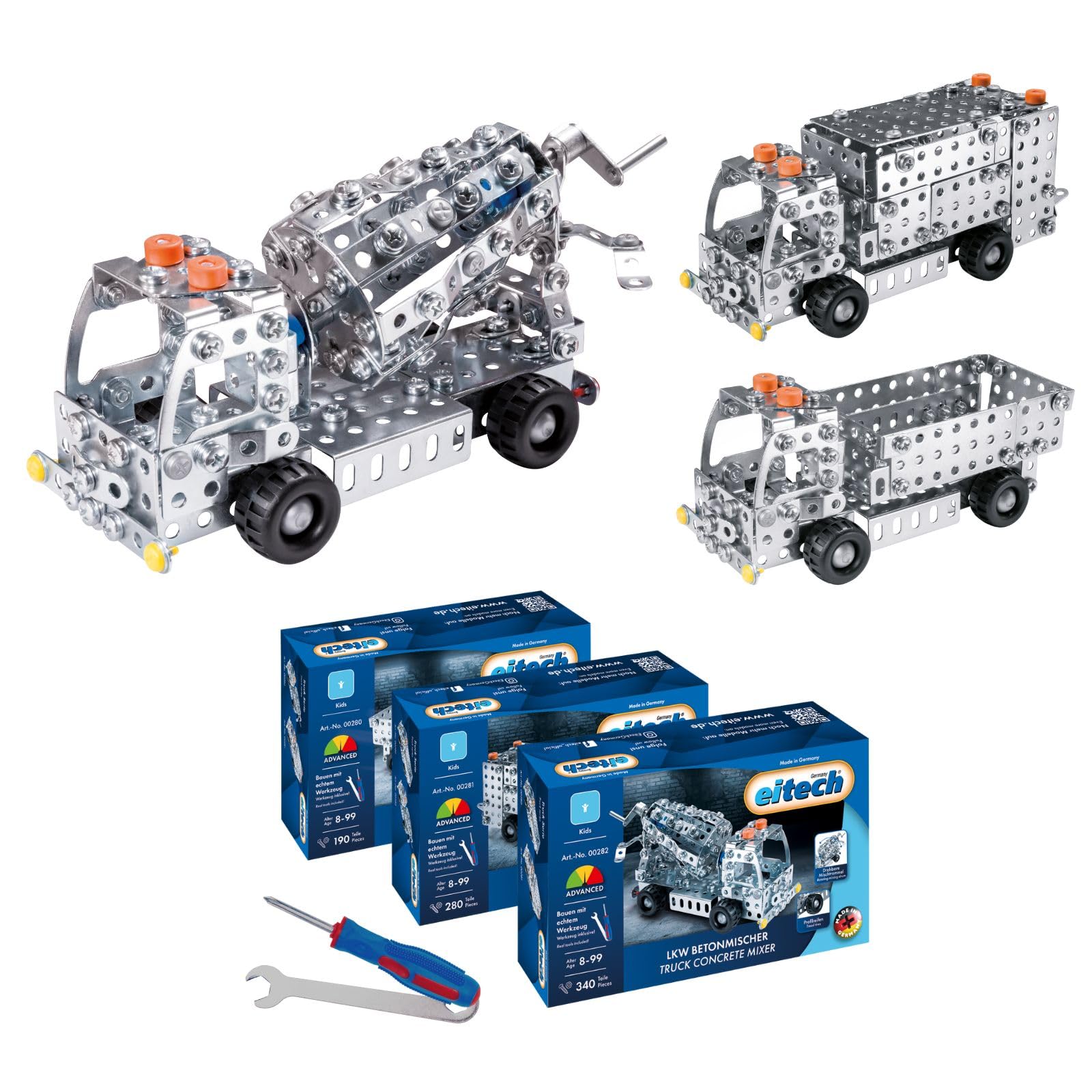 Eitech LKW Kipplaster, Betonmischer und Müllauto - Metallbaukasten 3er Set | 800+ Teile, Konstruktionsspielzeug Mädchen Junge 8 9 10 Jahre, Bastelset, Modellauto, Geschenk Kinder, Konstruktionsspielzeug