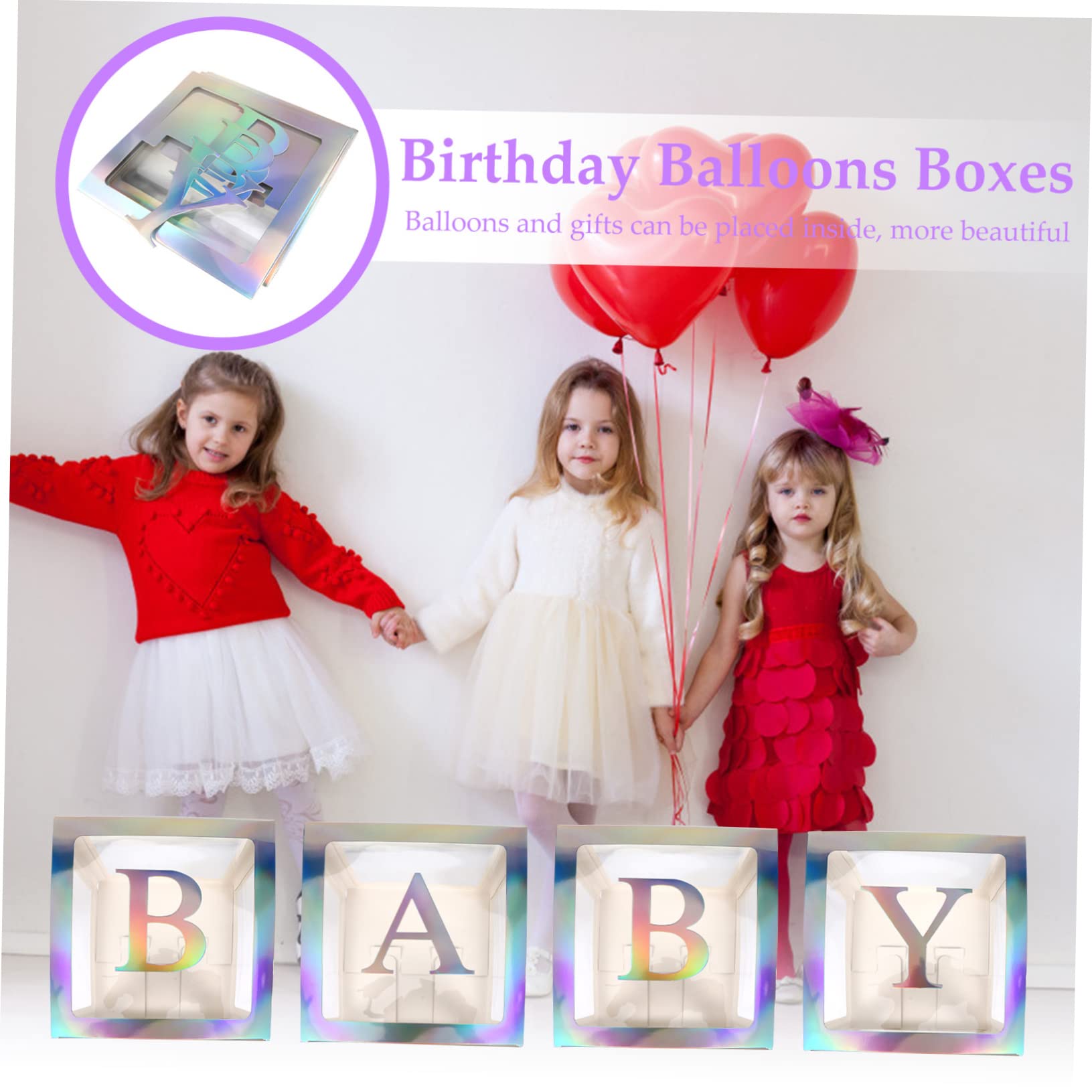 Babyparty Kasten Satz mit 4 Teilen aus Papier in Silber | Transparente Ballonbox, Buchstaben B A B Y Enthalten, für Babyparty und Home Decor