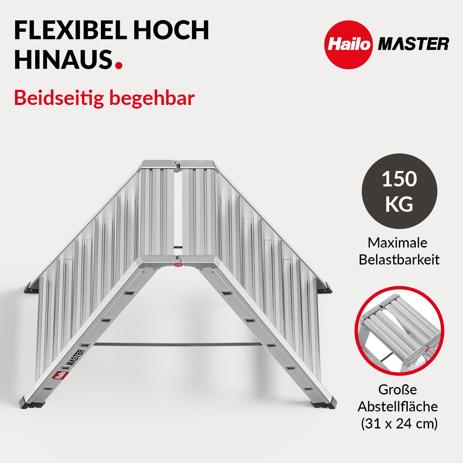 Hailo Master D100 - Escalera de doble peldaño (aluminio, transitable por ambos lados, peldaños antideslizantes, gran superficie de apoyo, 2 x 6 peldaños, certificado EN 131, soporta hasta 150 kg)