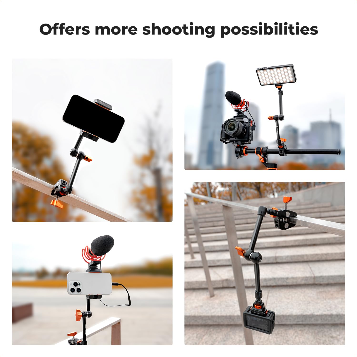 K&F CONCEPT 11" Magic Arm Clamp Kit with ARRI 1/4" & 3/8" Thread Screw, 360° Ball Heads Arm with Clamp Mount for DSLRs, Camera Cage, Monitor, LED Light, Webcam, Action Camera