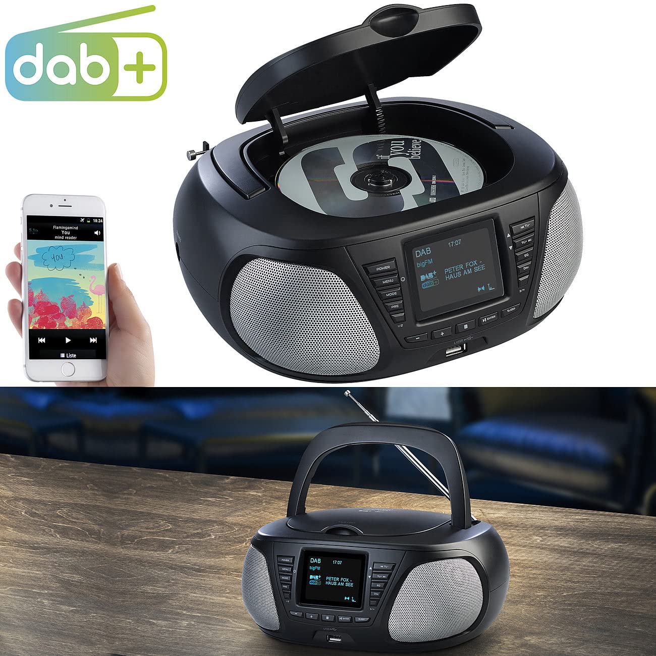 VR-Radio CD Player: Mobile Stereo-Boombox mit DAB+/FM, Bluetooth, CD, AUX, 10 Watt (Radio, tragbarer Player, Lautsprecher)