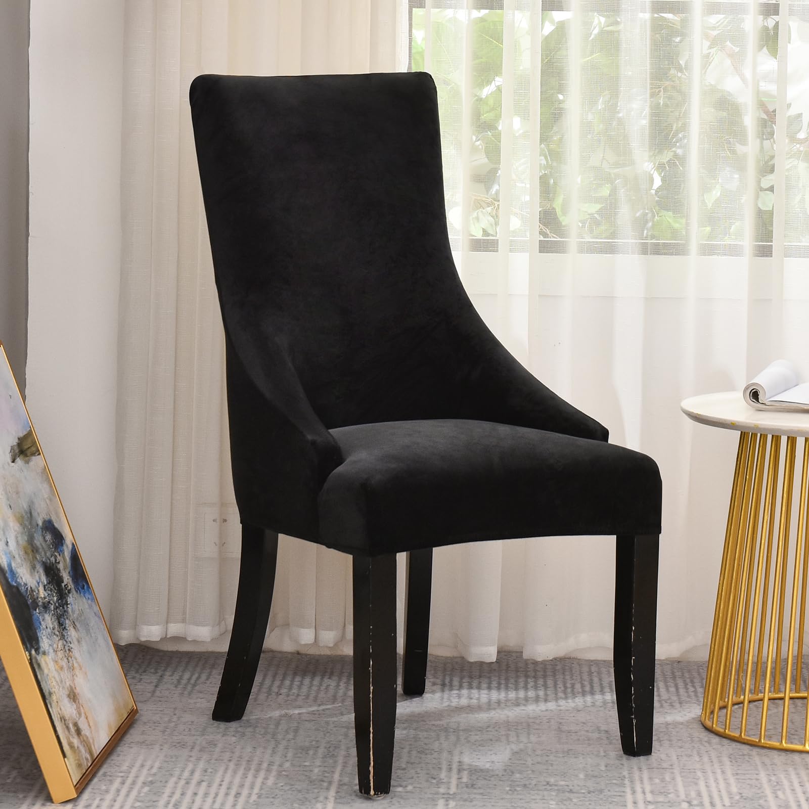 Stuhlhussen für Esszimmerstühle, Samt, Flügelrückseite, Seitenstühle, mit elastischer Unterseite, für Bankett zu Hause, 2 Stück, Schwarz, 2 Stück