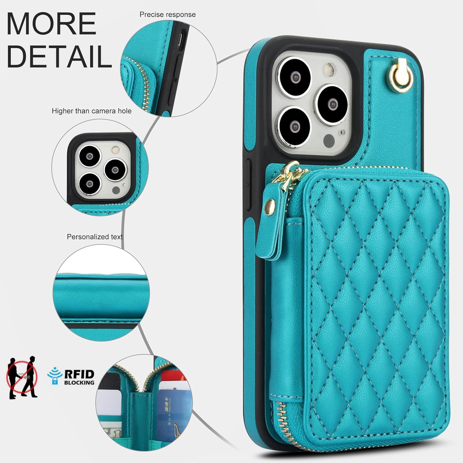 Phone Case for iPhone 13 Pro 6.1 inch Wallet Cell Cover with Tempered Glass Screen Protector Wrist Crossbody Strap RFID Blocking Card Holder TPU iPhone13Pro 5G i i-Phone i13 iPhone13 13Pro Women Green