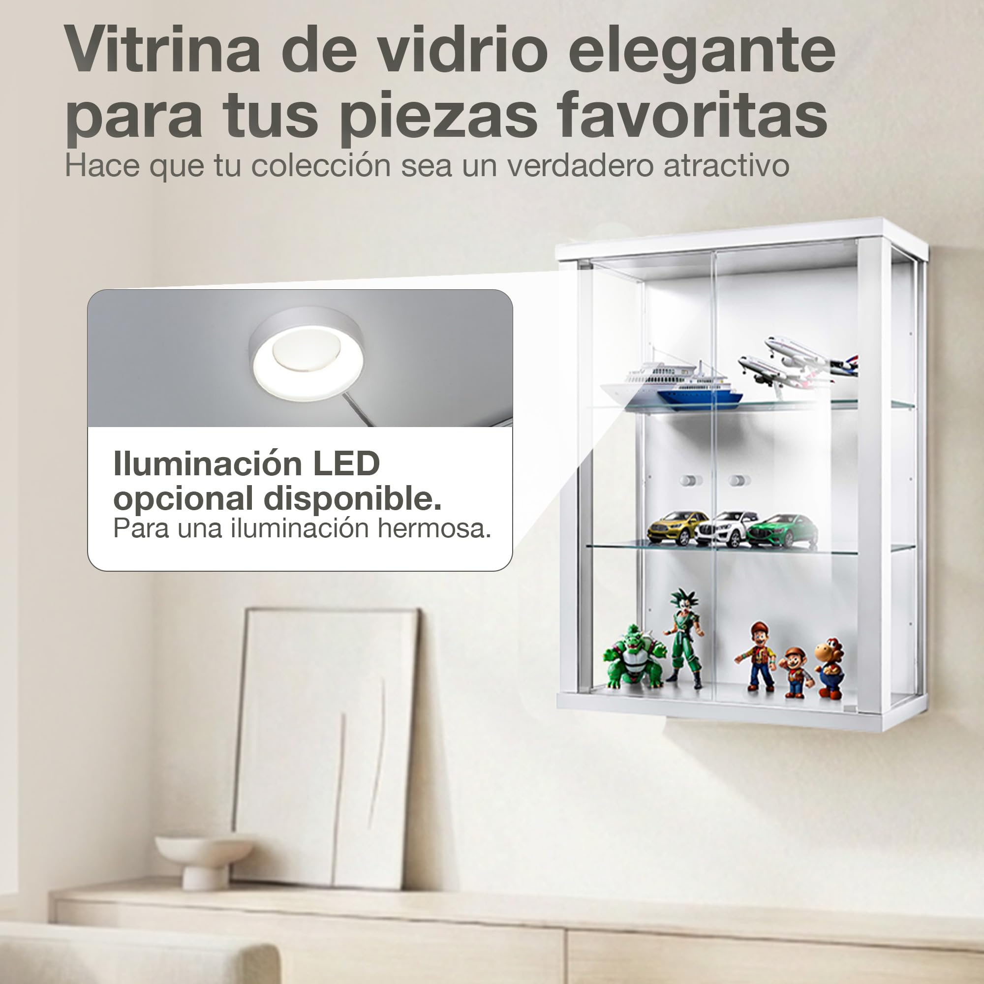 Vitrina de Cristal de en Blanco (80x60x25 cm) con 2 estantes de Cristal Ajustables en Altura - Vitrina para maquetas de Coches en Blanco - Vitrina de exposición