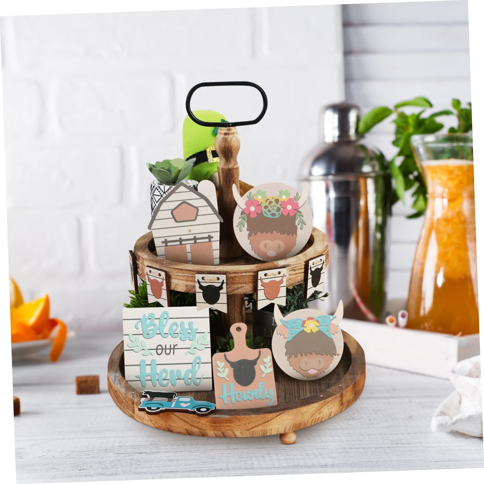 Lurrose 3sets Decorazioni per Vassoi Strati Legno Tema Mucca per Feste Ornamenti per La Casa Stile Country Decorazioni per Compleanni e Celebrazioni Estive
