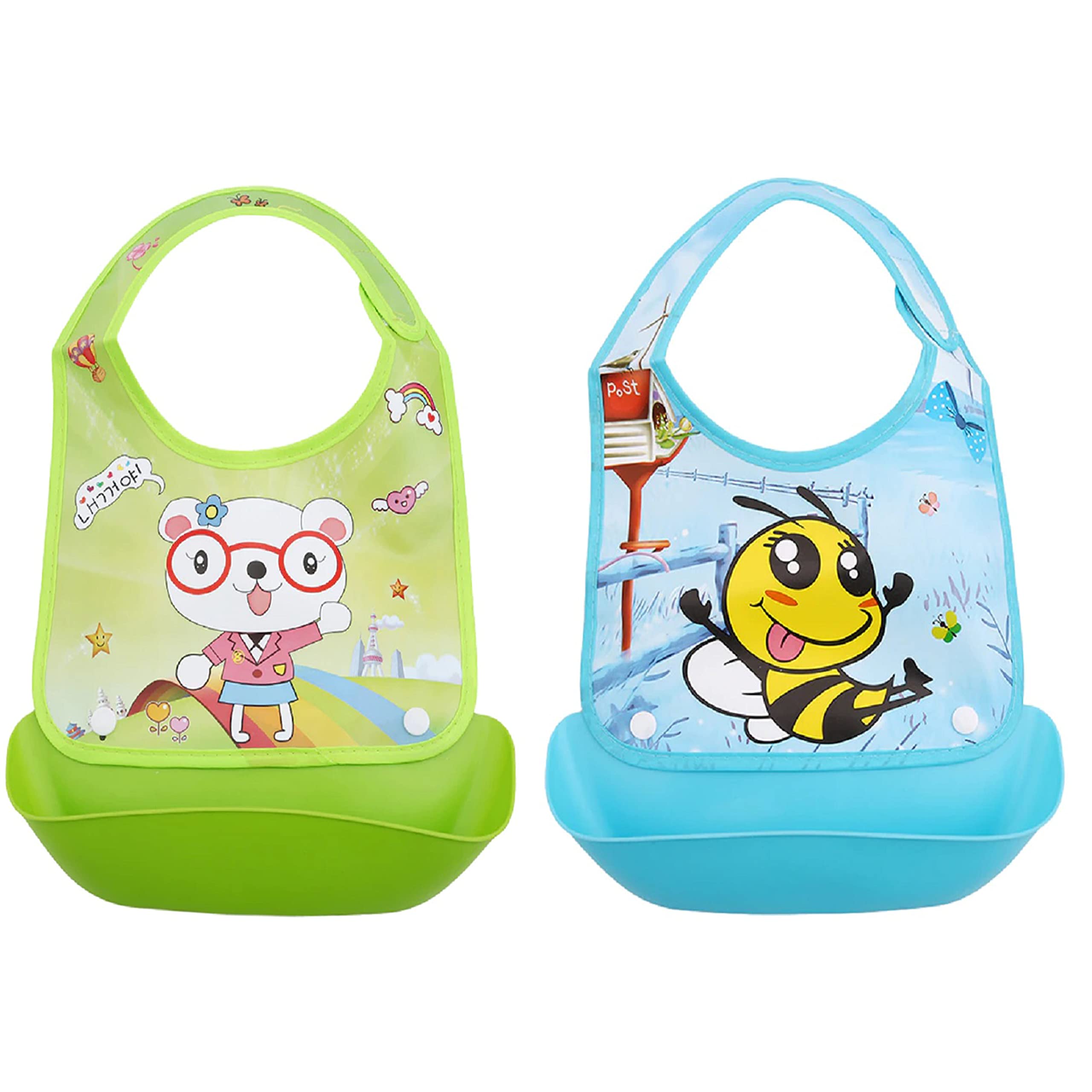 Tinny Tots Baby Soft Velcro Snap Feeding Silicone Bibs Fabric With PVC Back And Detachable Button Front Pocket Waterproof Apron Bib Everyday Use For Toddlers/New Borns-picture-18